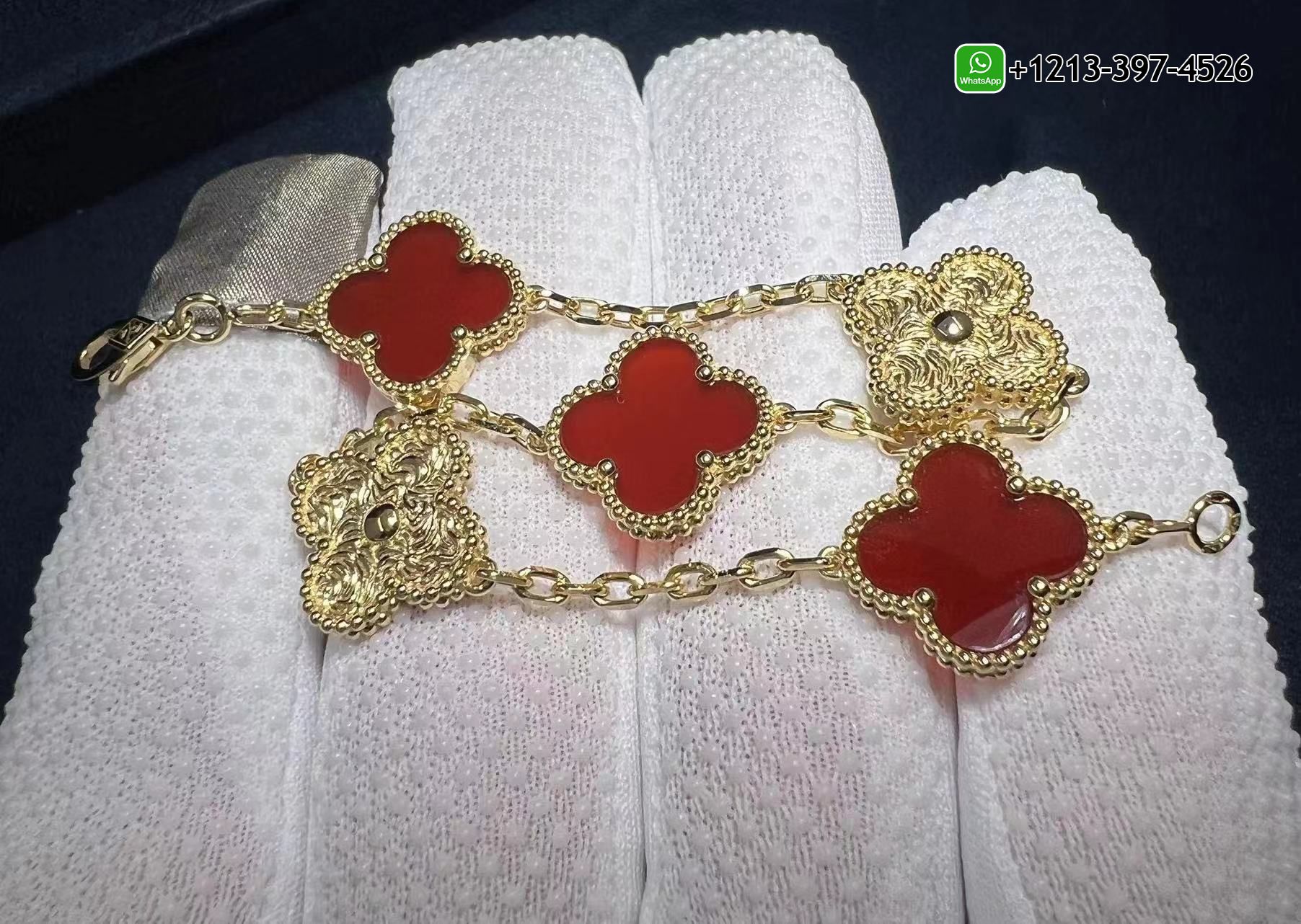 Van-Cleef-Arpels-Vintage-Alhambra-18k-Yellow-Gold-and-Carnelian-5-Motif-Bracelet-2.jpg Custom Made Best Sellers Quality 1:1 Copy Van Cleef & Arpels Vintage Alhambra 18k Yellow Gold and Carnelian 5 Motif Bracelet - High Quality 18k Gold and Diamond Luxury Distinctive Collection Designer Jewelry Customized Factory Price - Image 3