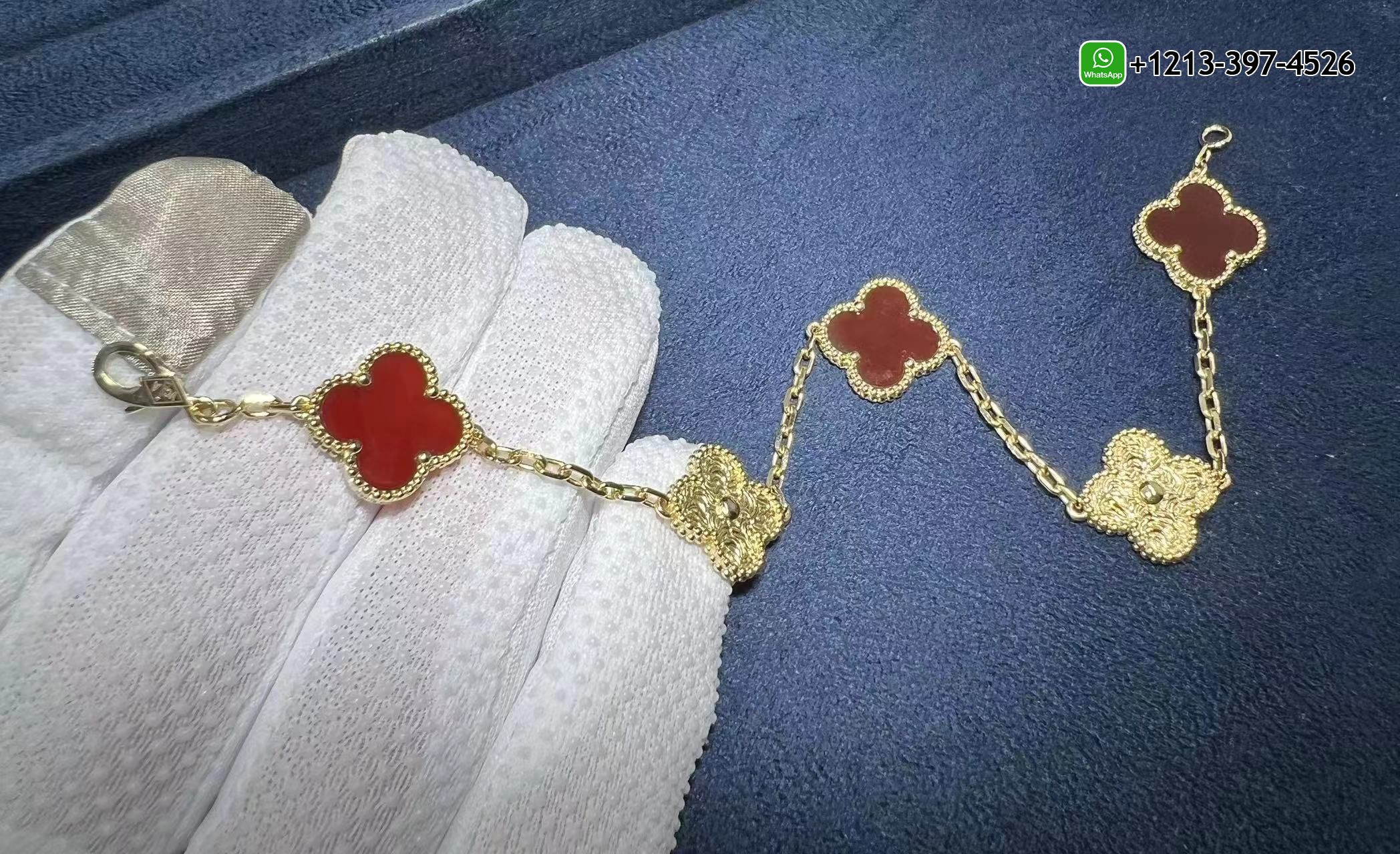 Van-Cleef-Arpels-Vintage-Alhambra-18k-Yellow-Gold-and-Carnelian-5-Motif-Bracelet-3.jpg Custom Made Best Sellers Quality 1:1 Copy Van Cleef & Arpels Vintage Alhambra 18k Yellow Gold and Carnelian 5 Motif Bracelet - High Quality 18k Gold and Diamond Luxury Distinctive Collection Designer Jewelry Customized Factory Price - Image 4