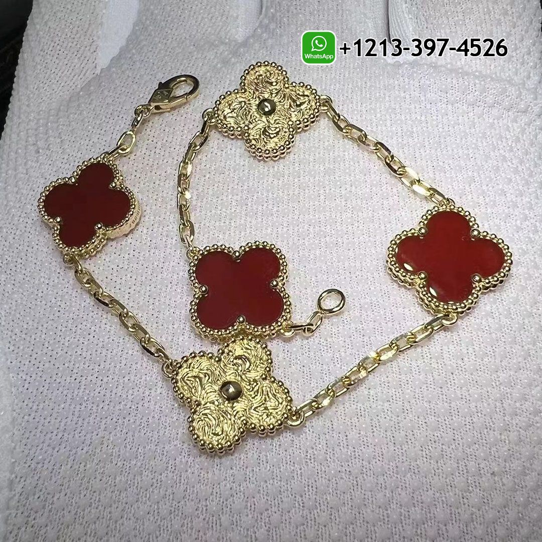 Custom Made Best Sellers Quality 1:1 Copy Van Cleef & Arpels Vintage Alhambra 18k Yellow Gold and Carnelian 5 Motif Bracelet - High Quality 18k Gold and Diamond Luxury Distinctive Collection Designer Jewelry Customized Factory Price Van Cleef Arpels Vintage Alhambra 18k Yellow Gold And Carnelian 5 Motif Bracelet