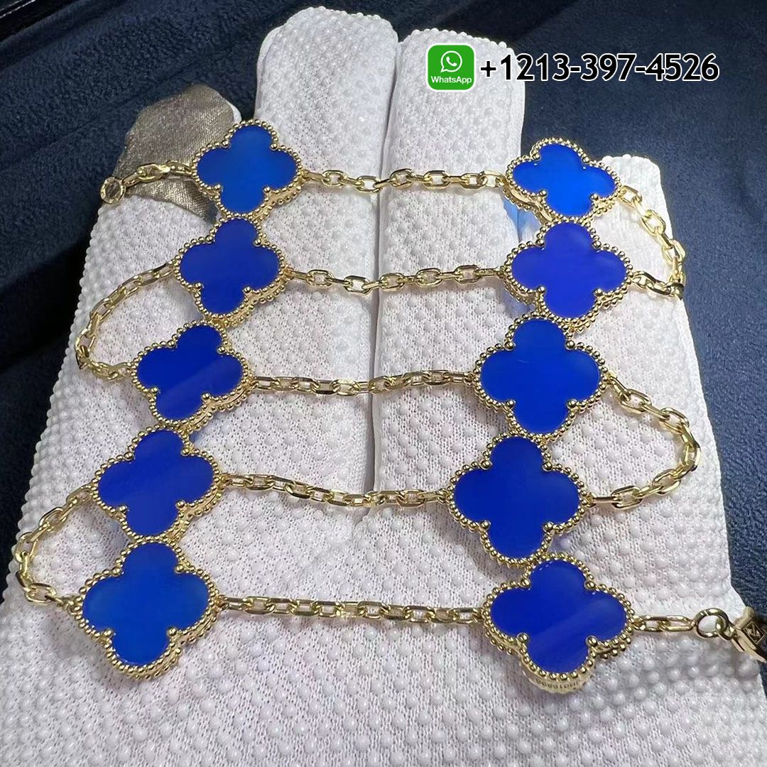 Custom Made Van Cleef & Arpels Vintage Alhambra Blue Agate 10 Motif 18k Yellow Gold Necklace - High Quality 18k Gold and Diamond Luxury Distinctive Collection Designer Jewelry Customized Factory Price Van Cleef Arpels Vintage Alhambra Blue Agate 10 Motif 18k Yellow Gold Necklace VCARP34800