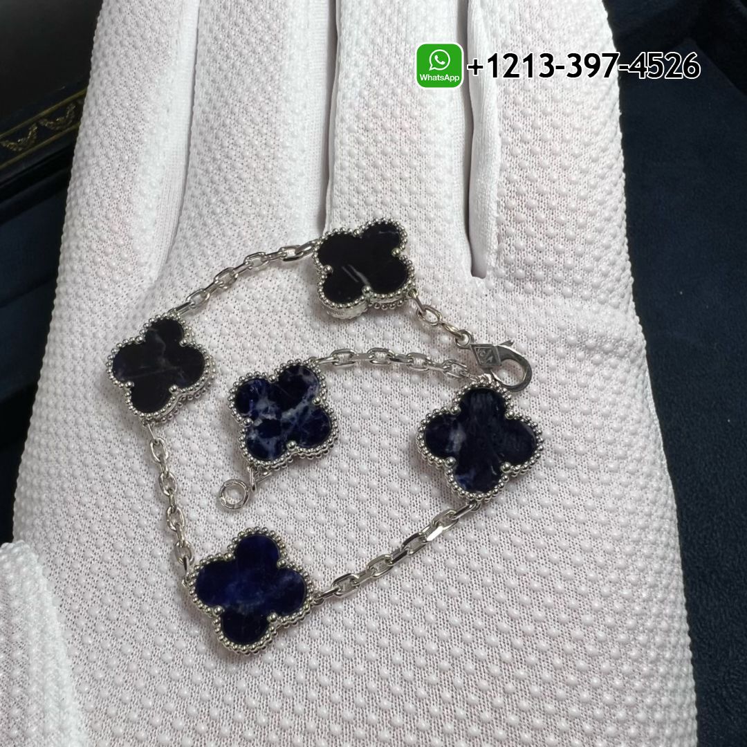 Van-Cleef-Arpels-Vintage-Alhambra-Blue-Pietersite-5-Motif-18k-White-Gold-Bracelet-4.jpg 1:1 Quality Van Cleef & Arpels Vintage Alhambra Blue Pietersite 5 Motif Bracelet - High Quality 18k Gold and Diamond Luxury Distinctive Collection Designer Jewelry Customized Factory Price - Image 5