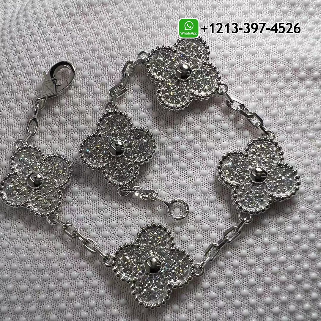 Custom Made Van Cleef & Arpels Vintage Alhambra Pave Diamond 18k White Gold 5 Motif Bracelet - High Quality 18k Gold and Diamond Luxury Distinctive Collection Designer Jewelry Customized Factory Price
