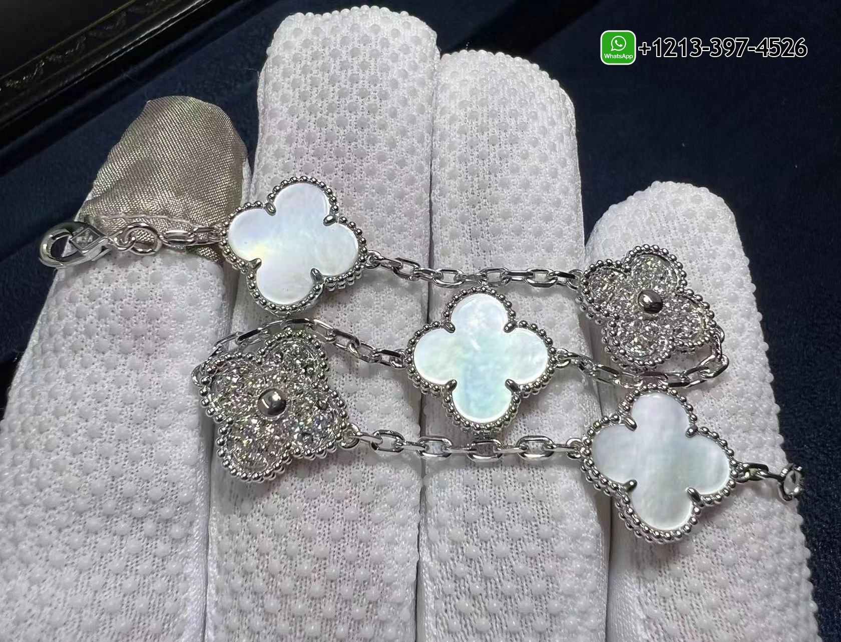 Van-Cleef-Vintage-Alhambra-18K-White-Gold-Mother-Of-Pearl-Bracelet-Diamond-5-Motifs-Bracelet-1.jpg Best Sellers 1:1 Quality Cheap Custom Made Van Cleef Vintage Alhambra 18K White Gold Mother Of Pearl Bracelet & Diamond 5 Motifs Bracelet - High Quality 18k Gold and Diamond Luxury Distinctive Collection Designer Jewelry Customized Factory Price - Image 2
