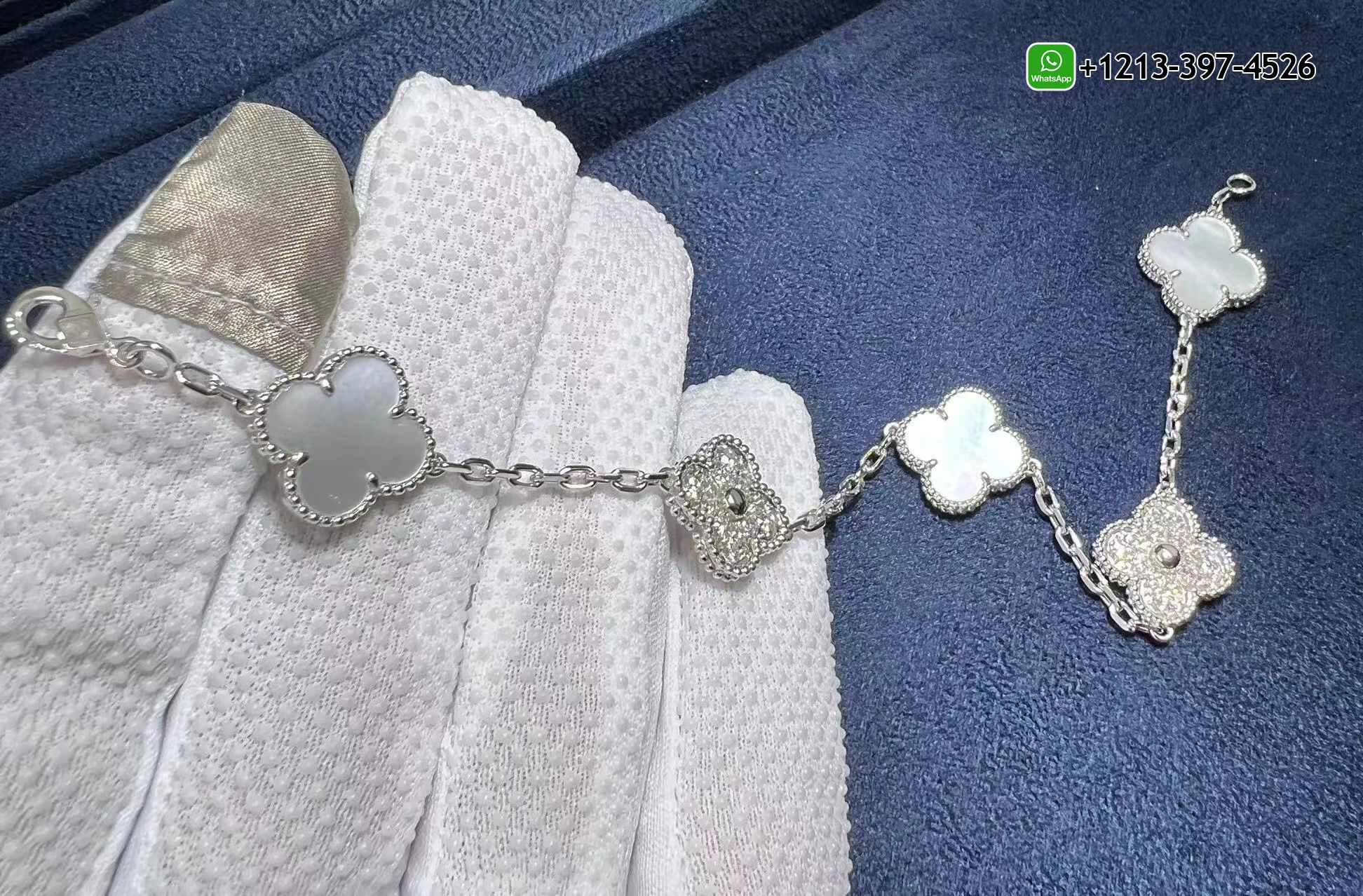 Van-Cleef-Vintage-Alhambra-18K-White-Gold-Mother-Of-Pearl-Bracelet-Diamond-5-Motifs-Bracelet-2.jpg Best Sellers 1:1 Quality Cheap Custom Made Van Cleef Vintage Alhambra 18K White Gold Mother Of Pearl Bracelet & Diamond 5 Motifs Bracelet - High Quality 18k Gold and Diamond Luxury Distinctive Collection Designer Jewelry Customized Factory Price - Image 4