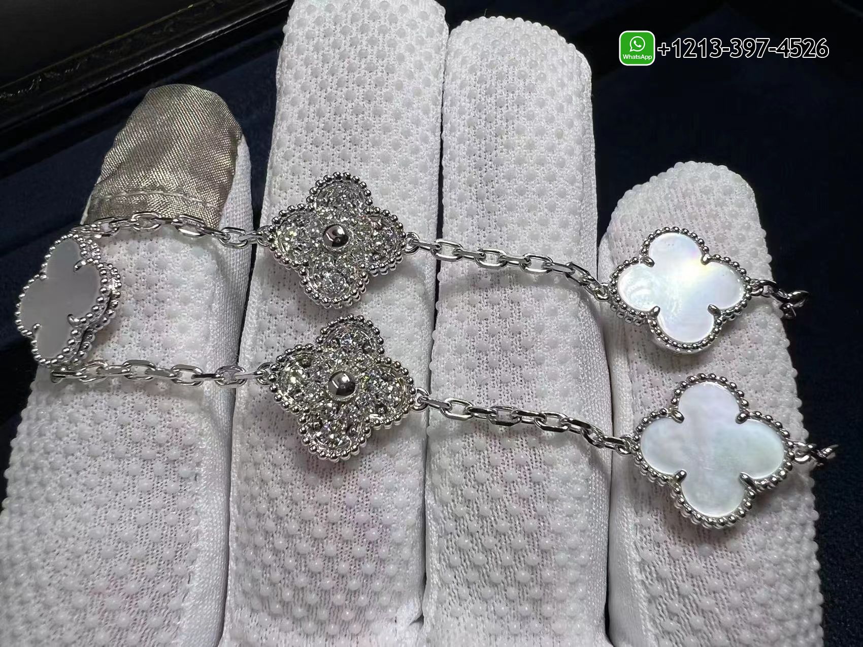 Van-Cleef-Vintage-Alhambra-18K-White-Gold-Mother-Of-Pearl-Bracelet-Diamond-5-Motifs-Bracelet-4.jpg Best Sellers 1:1 Quality Cheap Custom Made Van Cleef Vintage Alhambra 18K White Gold Mother Of Pearl Bracelet & Diamond 5 Motifs Bracelet - High Quality 18k Gold and Diamond Luxury Distinctive Collection Designer Jewelry Customized Factory Price - Image 3