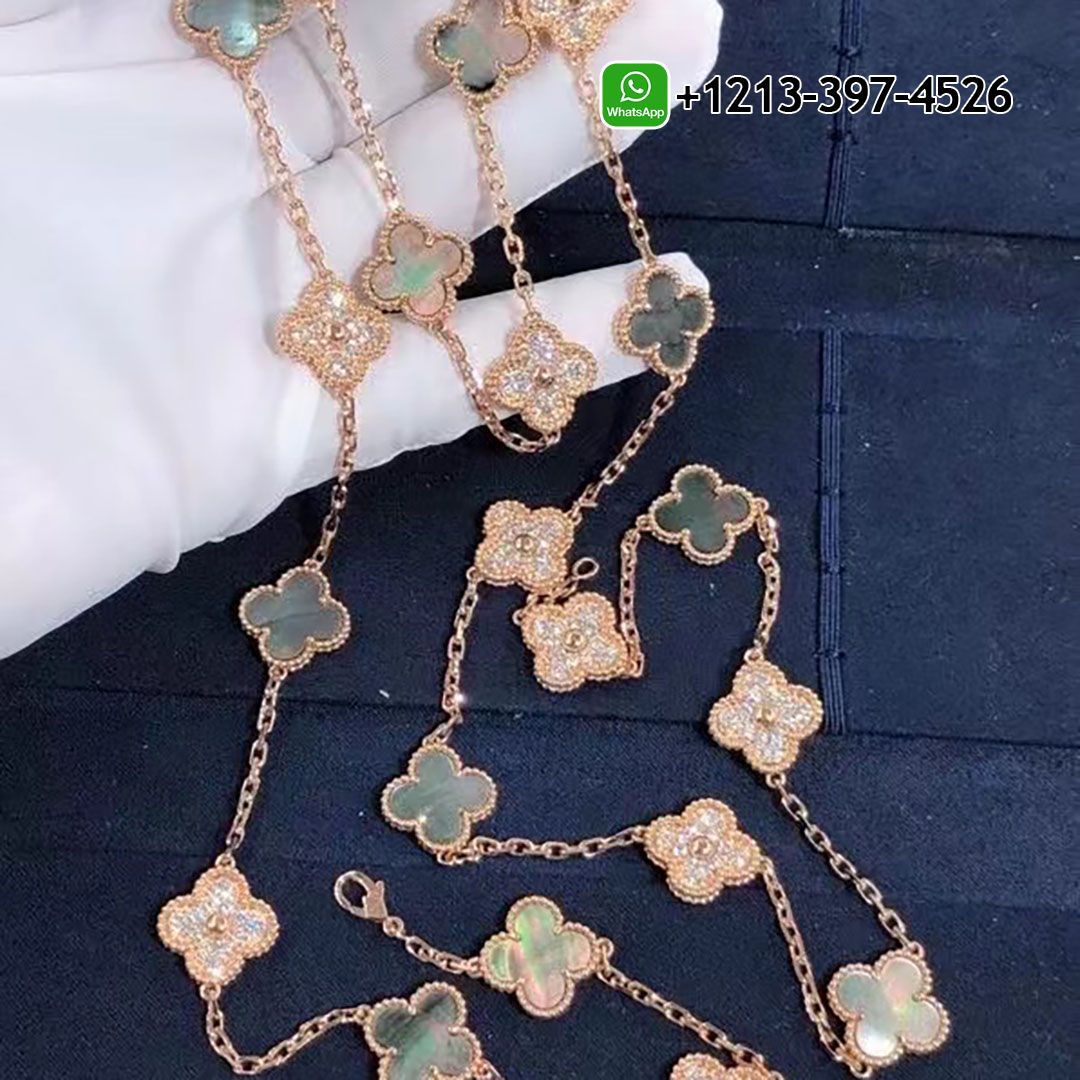 Van Cleef Vintage Alhambra 18k White Gold 20 Motif Diamond Gray Mother Of Peal Long Necklace VCARP2R000 1
