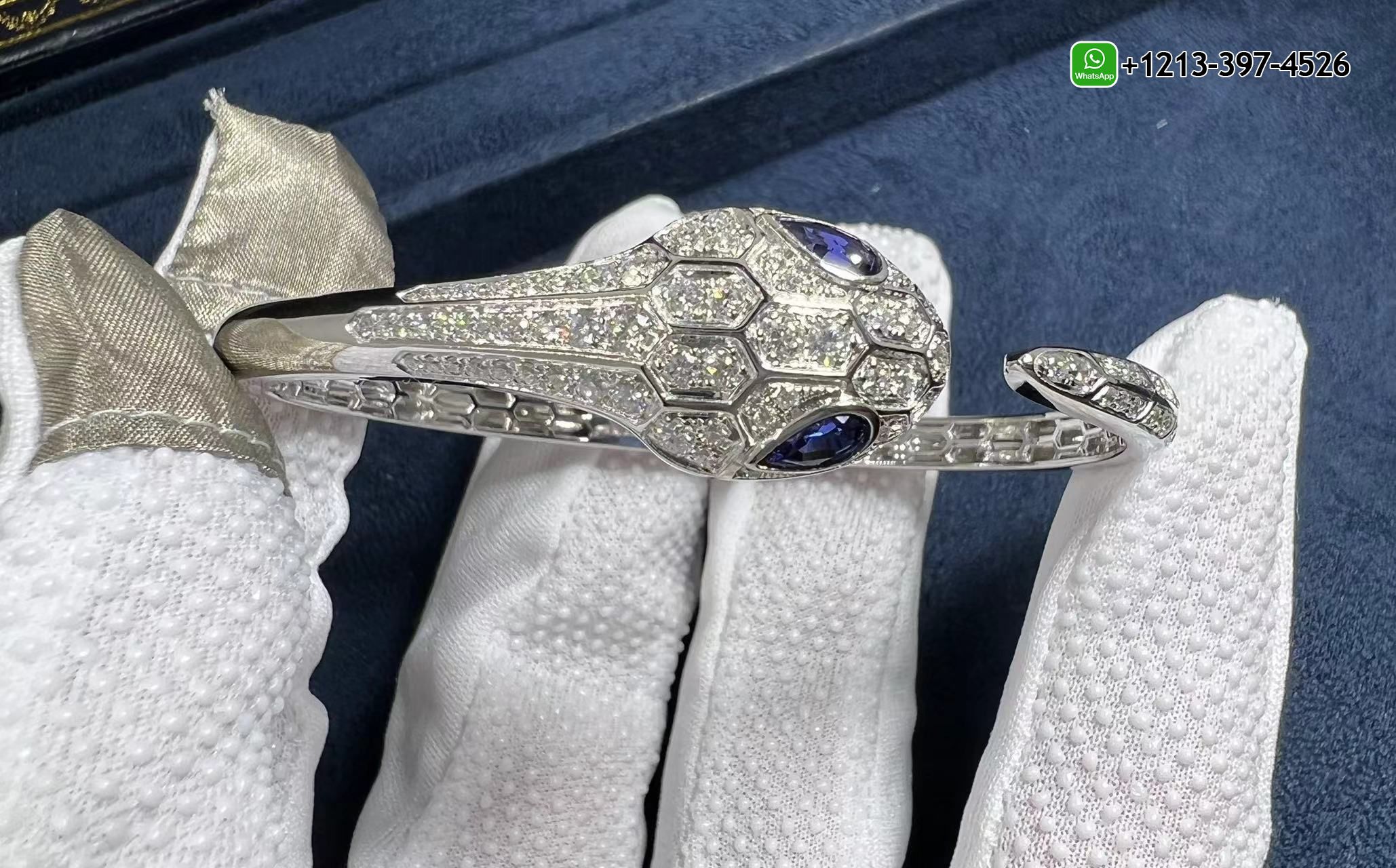 azhjfehie3k 1:1 Quality Custom Made Bvlgari 18k White Gold Set with Blue Sapphire Eyes and Pavé Diamonds Serpenti Bangle Bracelet - High Quality 18k Gold and Diamond Luxury Distinctive Collection Designer Jewelry Customized Factory Price - Image 2
