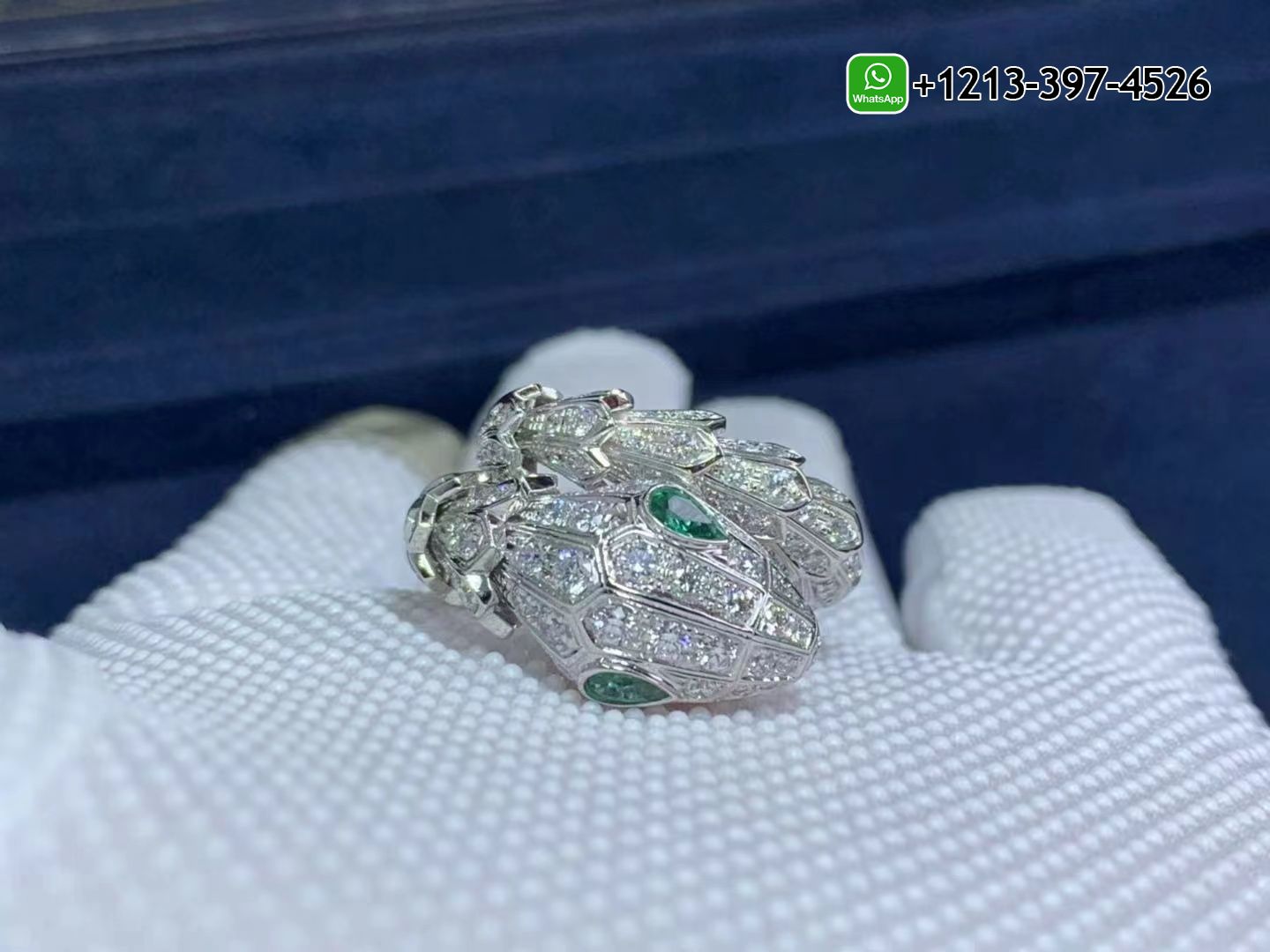 b1wrcapgmqg Custom Made Best Quality 1:1 Cheap Bvlgari Serpenti Ring 18k White Gold with Pavé Diamonds, Emerald Eyes - High Quality 18k Gold and Diamond Luxury Distinctive Collection Designer Jewelry Customized Factory Price - Image 3