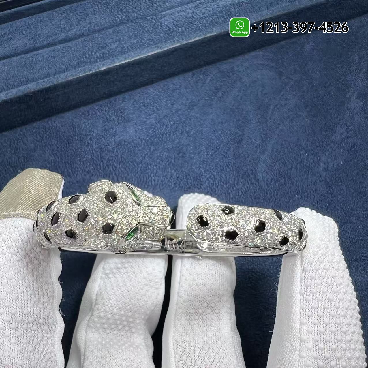 Cartier Panthere De Cartier Full Pave Diamond Emeralds Onyx 18k White Gold Bracelet For Sale - High Quality 18k Gold and Diamond Luxury Distinctive Collection Designer Jewelry Customized Factory Price