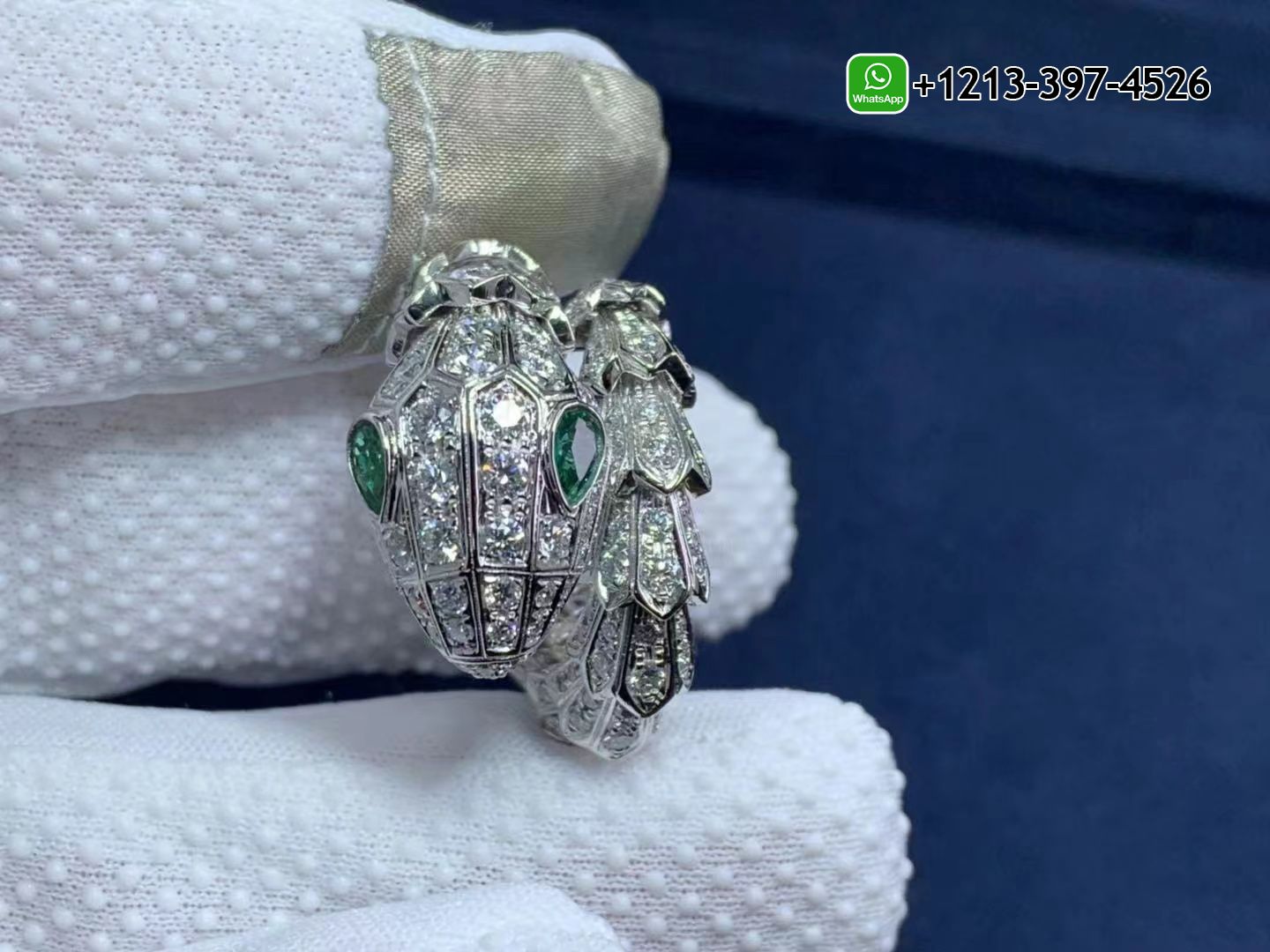 bplovmct2rj Custom Made Best Quality 1:1 Cheap Bvlgari Serpenti Ring 18k White Gold with Pavé Diamonds, Emerald Eyes - High Quality 18k Gold and Diamond Luxury Distinctive Collection Designer Jewelry Customized Factory Price - Image 2