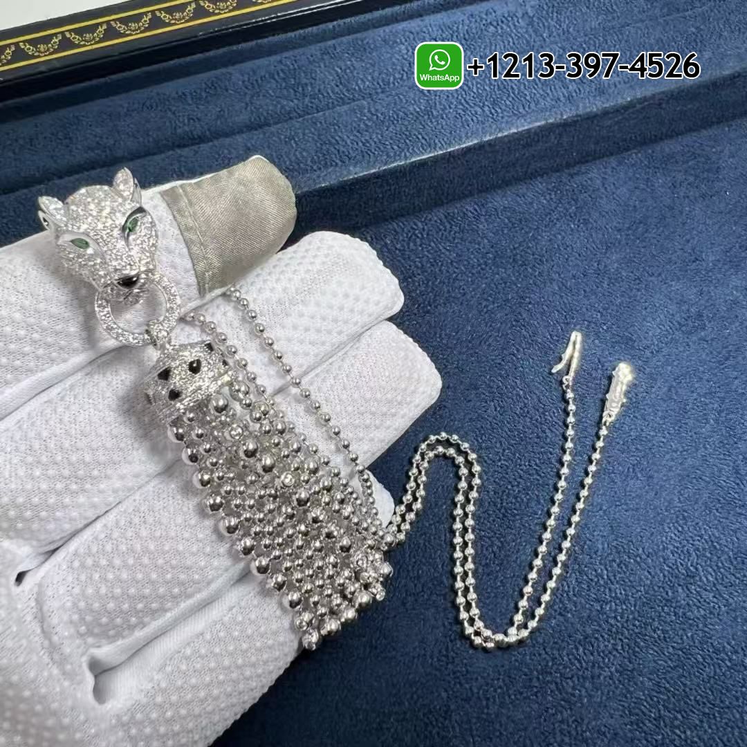 bvqkpkapnpz Custom Made Best Sellers Quality 1:1 Cartier Panthere de Cartier Pave Diamonds Onyx Emeralds 18k White Gold Tassels Necklace - High Quality 18k Gold and Diamond Luxury Distinctive Collection Designer Jewelry Customized Factory Price - Image 8