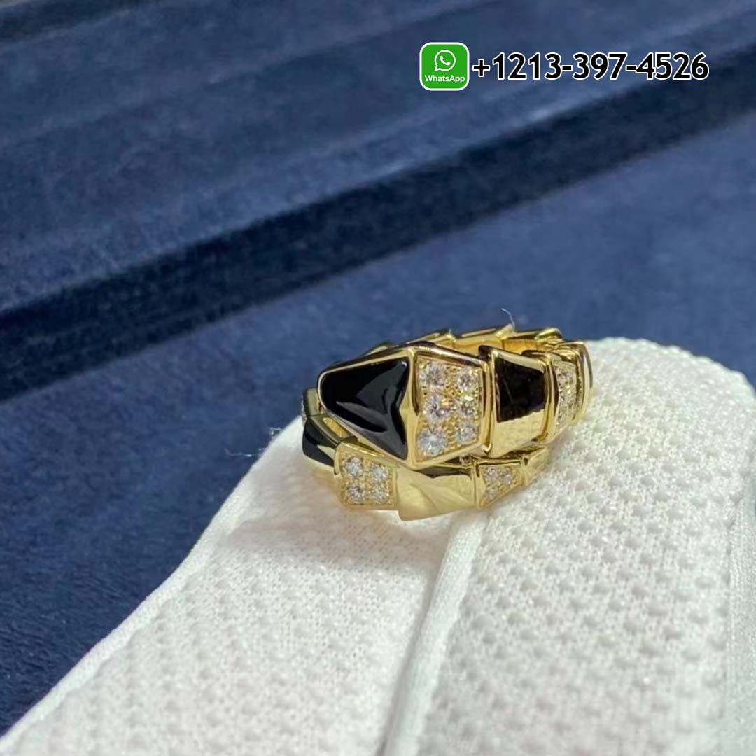 Custom Made Best Quality 1:1 Cheap Bulgari Serpenti Viper 18K Yellow Gold Onyx And Demi Pavé Diamonds One-Coil Ring - High Quality 18k Gold and Diamond Luxury Distinctive Collection Designer Jewelry Customized Factory Price Bze1u1keifd