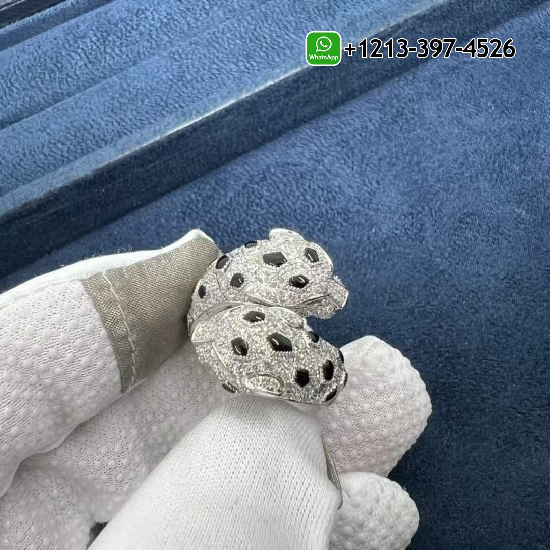 Custom Made Best Sellers Quality 1:1 Cartier Panthère de Cartier Double Heads 18k White Gold Onyx Diamonds Ring - High Quality 18k Gold and Diamond Luxury Distinctive Collection Designer Jewelry Customized Factory Price