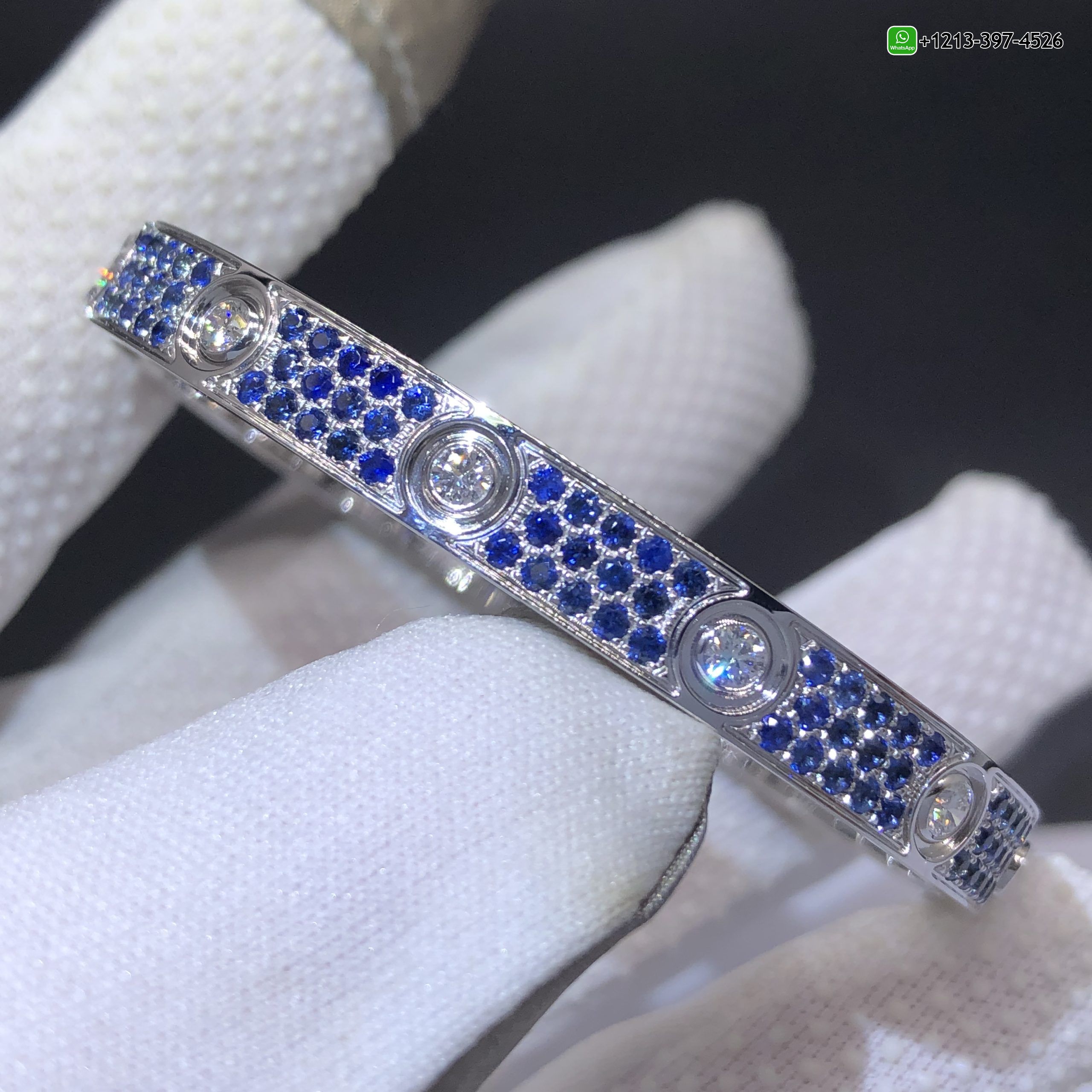 dcfnnifyiyr Cartier Love Blue Sapphire Paved and 10 Diamonds Single-screw Closure Classic Model 18k White Gold Bracelet - High Quality 18k Gold and Diamond Luxury Distinctive Collection Designer Jewelry Customized Factory Price - Image 2