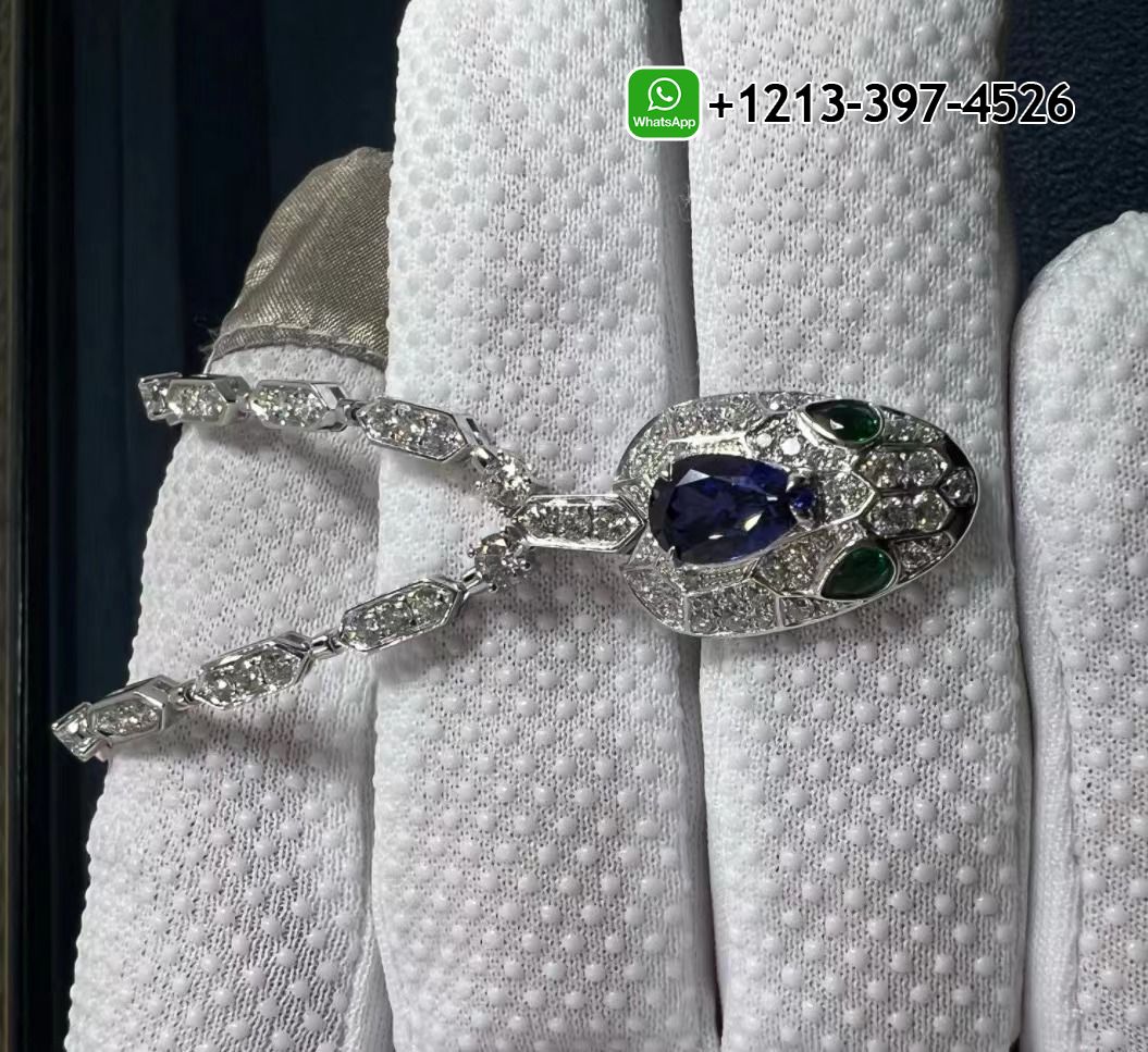 e3ngiaaanho Best Quality Bvlgari 18k White Gold 4.59cttw Diamond And 1.48cttw Sapphire Serpenti Necklace Replica - High Quality 18k Gold and Diamond Luxury Distinctive Collection Designer Jewelry Customized Factory Price - Image 3