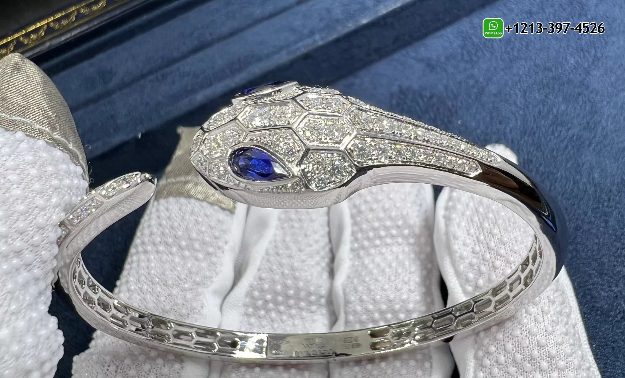etm4rrchlj5 1:1 Quality Custom Made Bvlgari 18k White Gold Set with Blue Sapphire Eyes and Pavé Diamonds Serpenti Bangle Bracelet - High Quality 18k Gold and Diamond Luxury Distinctive Collection Designer Jewelry Customized Factory Price - Image 13