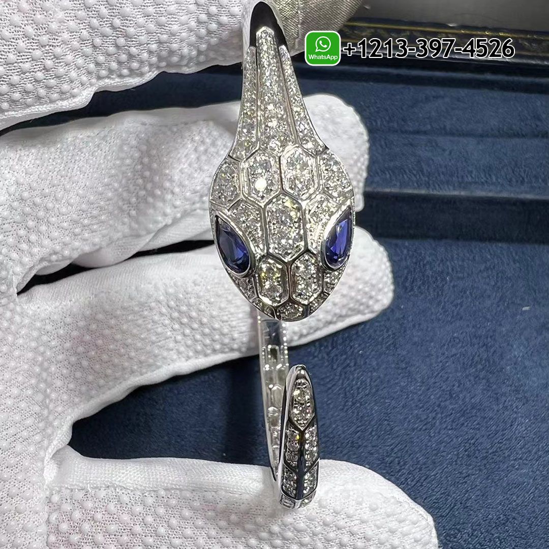 1:1 Quality Custom Made Bvlgari 18k White Gold Set with Blue Sapphire Eyes and Pavé Diamonds Serpenti Bangle Bracelet - High Quality 18k Gold and Diamond Luxury Distinctive Collection Designer Jewelry Customized Factory Price Ffoucyt32dr