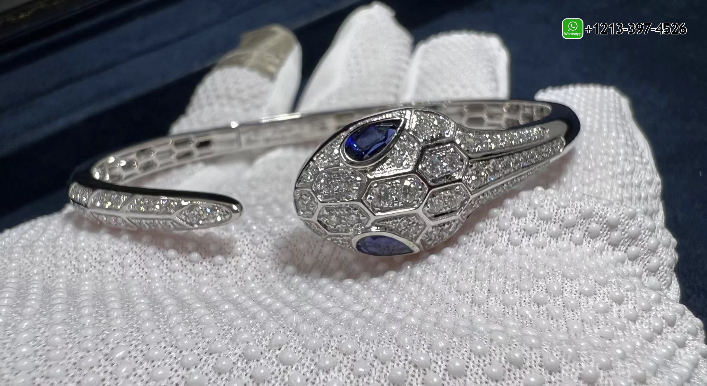 fg345tjtckz 1:1 Quality Custom Made Bvlgari 18k White Gold Set with Blue Sapphire Eyes and Pavé Diamonds Serpenti Bangle Bracelet - High Quality 18k Gold and Diamond Luxury Distinctive Collection Designer Jewelry Customized Factory Price - Image 6