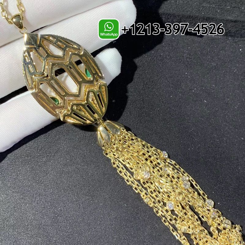 henfrapjus1 Custom Made Best Sellers Quality 1:1 Bvlgari Serpenti 18 kt yellow gold necklace with tassel set with a diamond, pavé diamonds and malachite eyes - High Quality 18k Gold and Diamond Luxury Distinctive Collection Designer Jewelry Customized Factory Price - Image 5