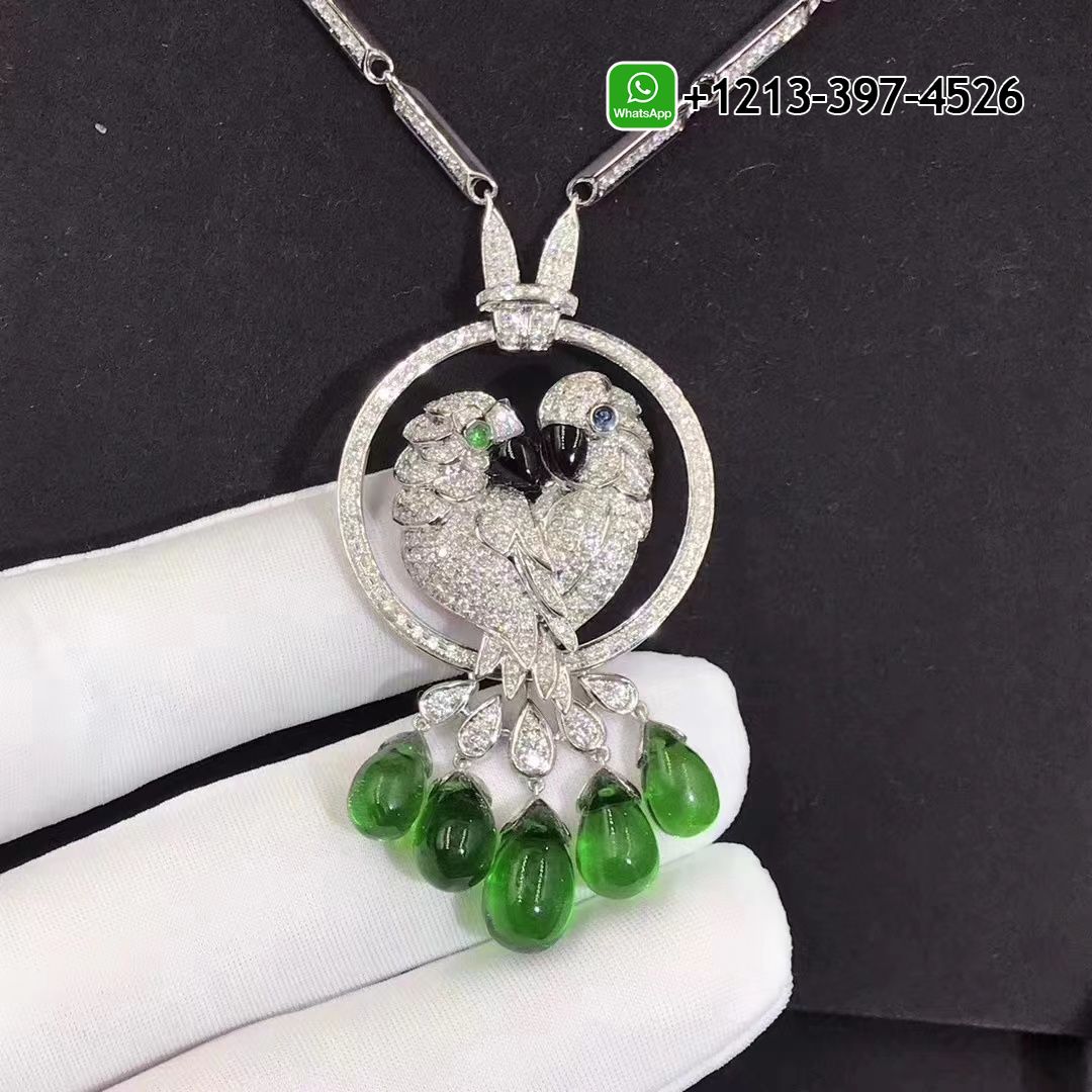 Custom Made Best Quality 1:1 Cartier Les Oiseaux Liberes 18k White Gold Pave Diamond Emeralds Parrot Pendant Necklace - High Quality 18k Gold and Diamond Luxury Distinctive Collection Designer Jewelry Customized Factory Price Hnnsoa23e1v