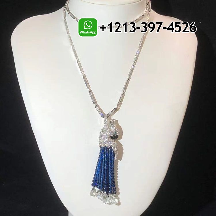 hzpkn2n3jse Custom Made Best Sellers Quality 1:1 Cartier Les Oiseaux Libérés 18k White Gold 13.28ct Diamonds Blue Sapphire Parrot Tassels Pendant Necklace - High Quality 18k Gold and Diamond Luxury Distinctive Collection Designer Jewelry Customized Factory Price - Image 5