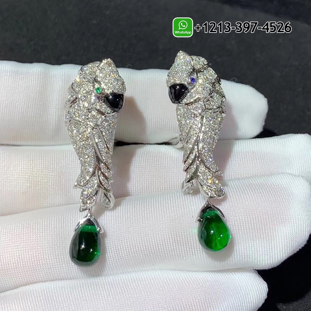 Custom Made Best Quality 1:1 Cartier Les Oiseau Liberes 18k White Gold Emeralds & Diamond Paved Parrot Drop Earrings - High Quality 18k Gold and Diamond Luxury Distinctive Collection Designer Jewelry Customized Factory Price Ioey1jd0fmf