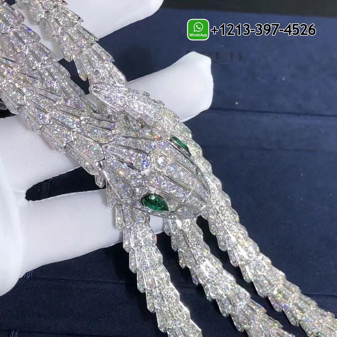 Custom Made Best Sellers Quality 1:1 Bvlgari High Jewelry Serpenti Necklace in 18k White Gold with Pave Diamond and Emeralds Eyes - High Quality 18k Gold and Diamond Luxury Distinctive Collection Designer Jewelry Customized Factory Price