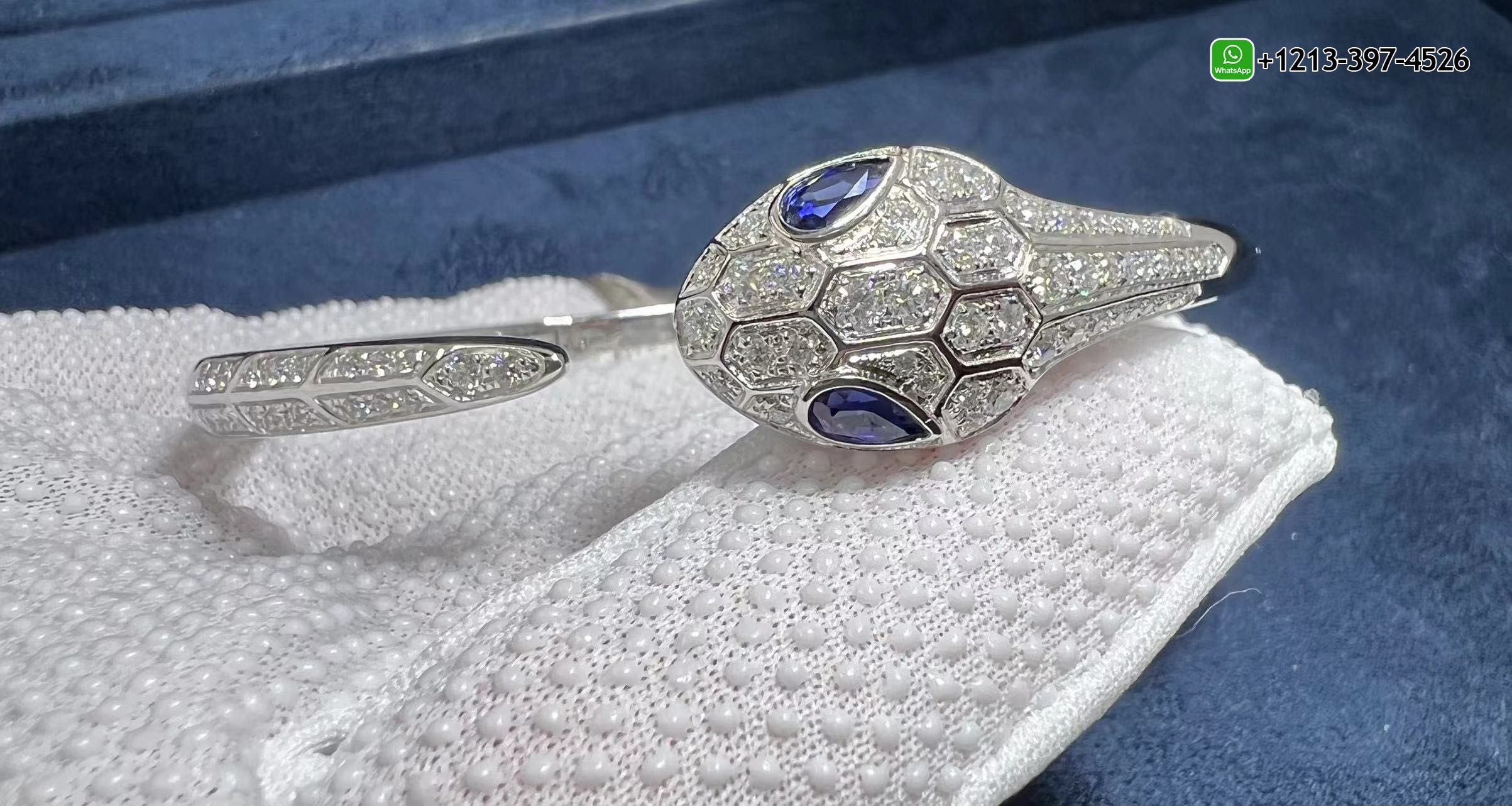 laxlvq0i43h 1:1 Quality Custom Made Bvlgari 18k White Gold Set with Blue Sapphire Eyes and Pavé Diamonds Serpenti Bangle Bracelet - High Quality 18k Gold and Diamond Luxury Distinctive Collection Designer Jewelry Customized Factory Price - Image 9