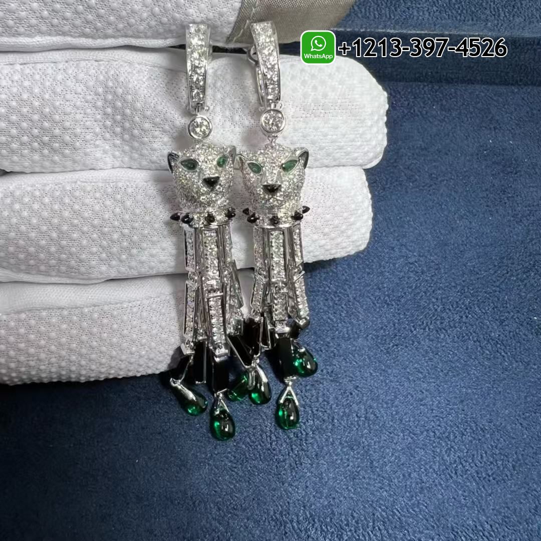 Best Sellers 1:1 Quality Cheap Custom Made Panthere de Cartier 18k White Gold Pave Diamond Onyx Emeralds Tassels Earrings - High Quality 18k Gold and Diamond Luxury Distinctive Collection Designer Jewelry Customized Factory Price Lyfl1habg53