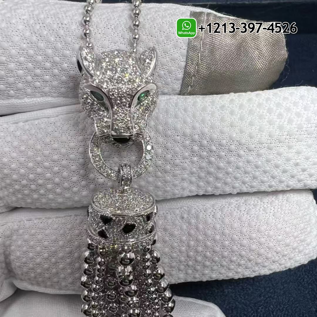 nkat1ywhej5 Custom Made Best Sellers Quality 1:1 Cartier Panthere de Cartier Pave Diamonds Onyx Emeralds 18k White Gold Tassels Necklace - High Quality 18k Gold and Diamond Luxury Distinctive Collection Designer Jewelry Customized Factory Price - Image 2