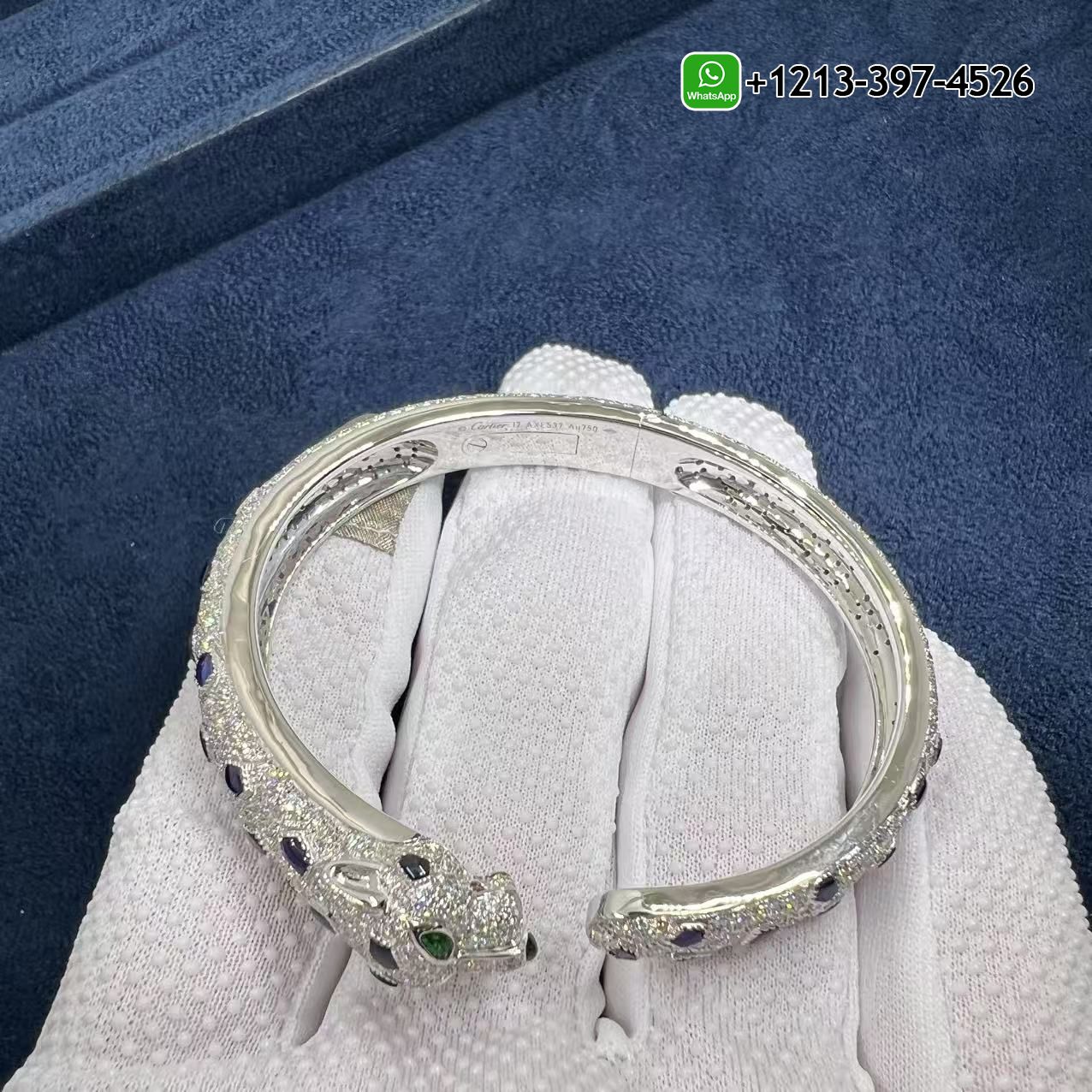 orzk3ahgkrn Best Sellers 1:1 Quality Cheap Custom Made Cartier 18k White Gold Full Pave Diamonds Sapphires Emerald Onyx Panthere de Cartier Bracelet - High Quality 18k Gold and Diamond Luxury Distinctive Collection Designer Jewelry Customized Factory Price - Image 2