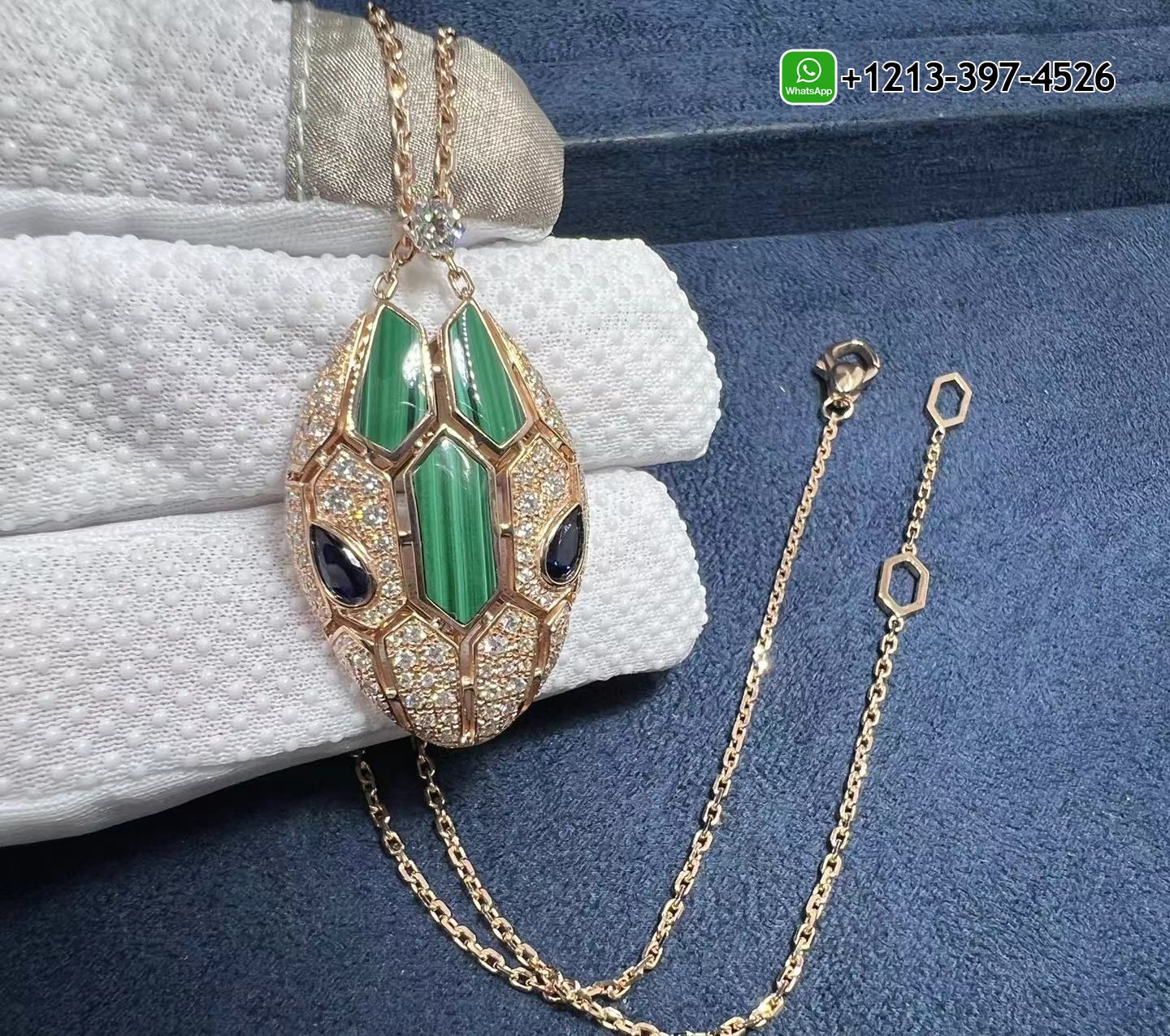 pbtlu31w4ob Custom Made 1:1 Quality Bvlgari 18K Rose Gold Diamond Malachite Blue Sapphire Serpenti Seduttori Pendant Necklace - High Quality 18k Gold and Diamond Luxury Distinctive Collection Designer Jewelry Customized Factory Price - Image 2