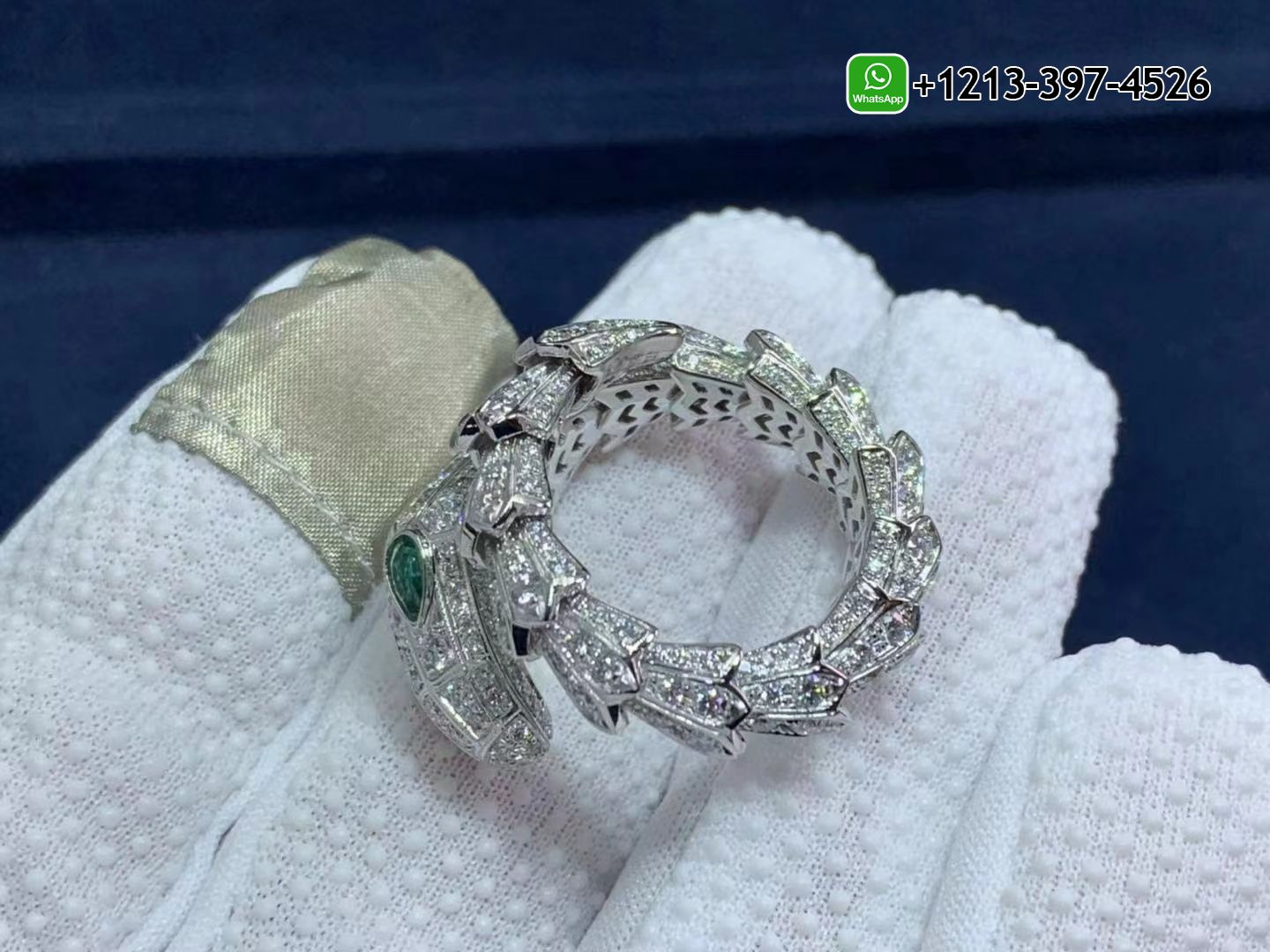 pml5sekvn11 Custom Made Best Quality 1:1 Cheap Bvlgari Serpenti Ring 18k White Gold with Pavé Diamonds, Emerald Eyes - High Quality 18k Gold and Diamond Luxury Distinctive Collection Designer Jewelry Customized Factory Price - Image 8