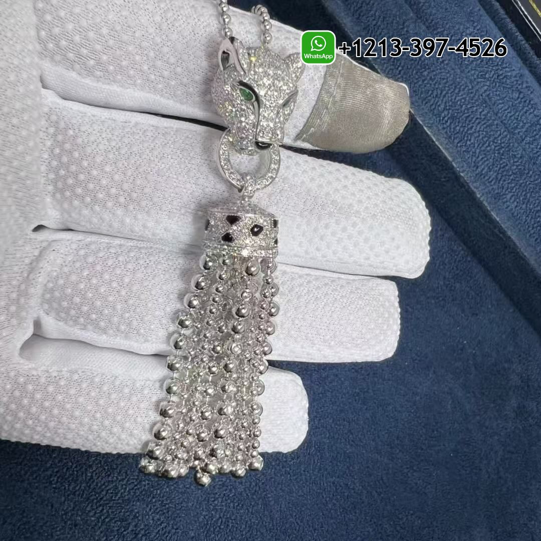 qddo3l2b4c4 Custom Made Best Sellers Quality 1:1 Cartier Panthere de Cartier Pave Diamonds Onyx Emeralds 18k White Gold Tassels Necklace - High Quality 18k Gold and Diamond Luxury Distinctive Collection Designer Jewelry Customized Factory Price - Image 6