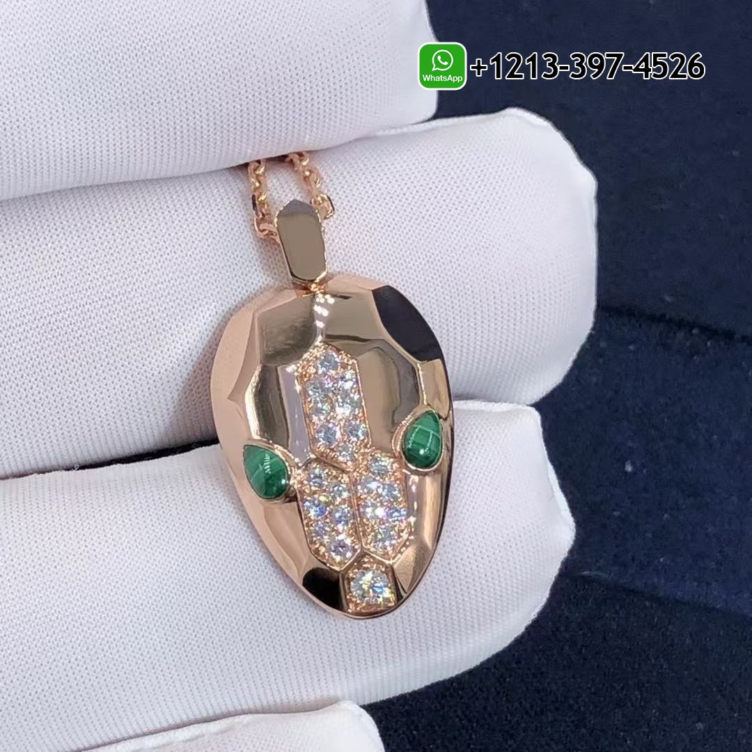 Custom Made Best Sellers Quality 1:1 Bvlgari Serpenti necklace with 18 kt rose gold chain and pendant, set with malachite eyes and demi pavé diamonds - High Quality 18k Gold and Diamond Luxury Distinctive Collection Designer Jewelry Customized Factory Price