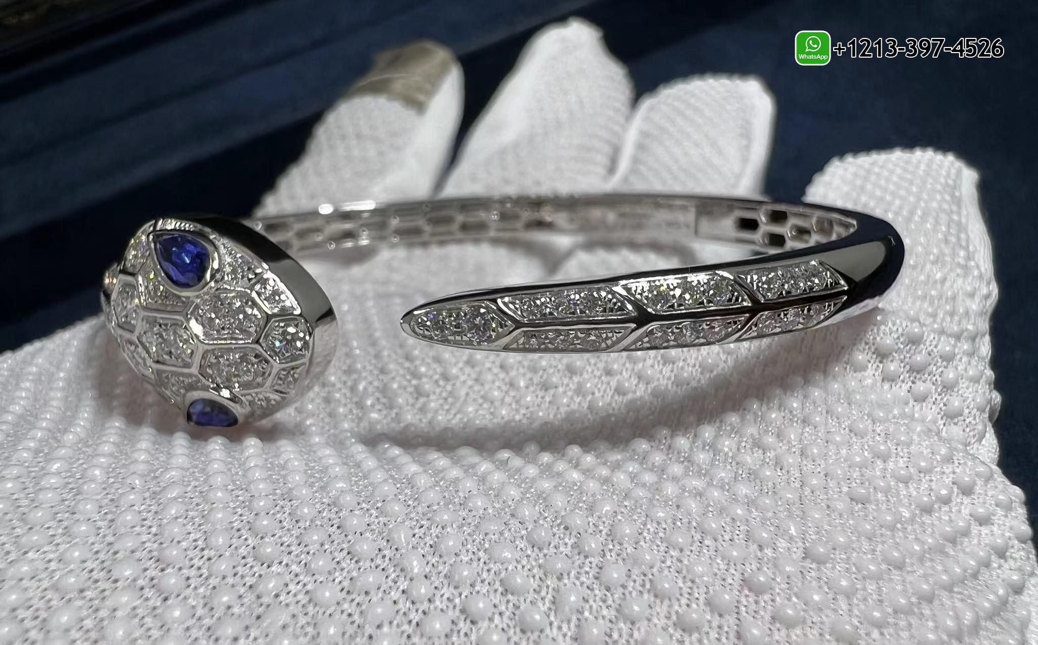 sm23ervqg2m 1:1 Quality Custom Made Bvlgari 18k White Gold Set with Blue Sapphire Eyes and Pavé Diamonds Serpenti Bangle Bracelet - High Quality 18k Gold and Diamond Luxury Distinctive Collection Designer Jewelry Customized Factory Price - Image 4