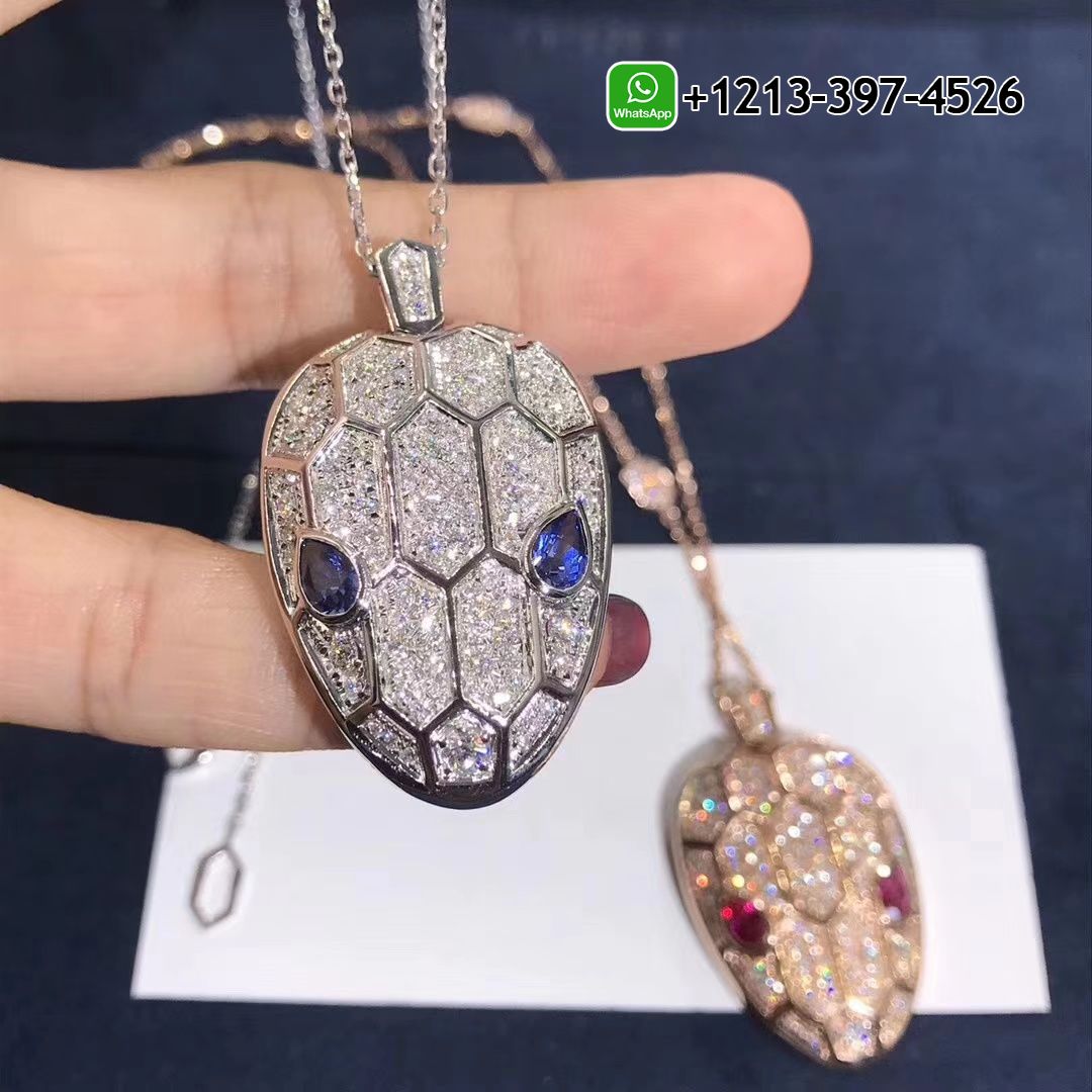 Custom Made Best Quality 1:1 Bvlgari Serpenti Seduttori 18k White Gold Pave Diamonds Blue Sapphire Pendant Necklace - High Quality 18k Gold and Diamond Luxury Distinctive Collection Designer Jewelry Customized Factory Price T0lo52mty40