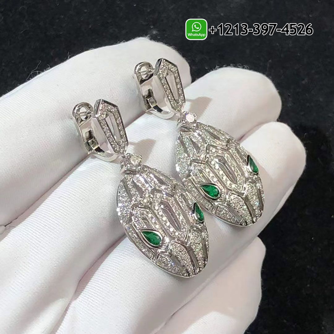 t2llbrbgwnd Bvlgari Serpenti 18k White Gold Full Pavé Diamonds Emerald Eyes Earrings 352756 - High Quality 18k Gold and Diamond Luxury Distinctive Collection Designer Jewelry Customized Factory Price - Image 2