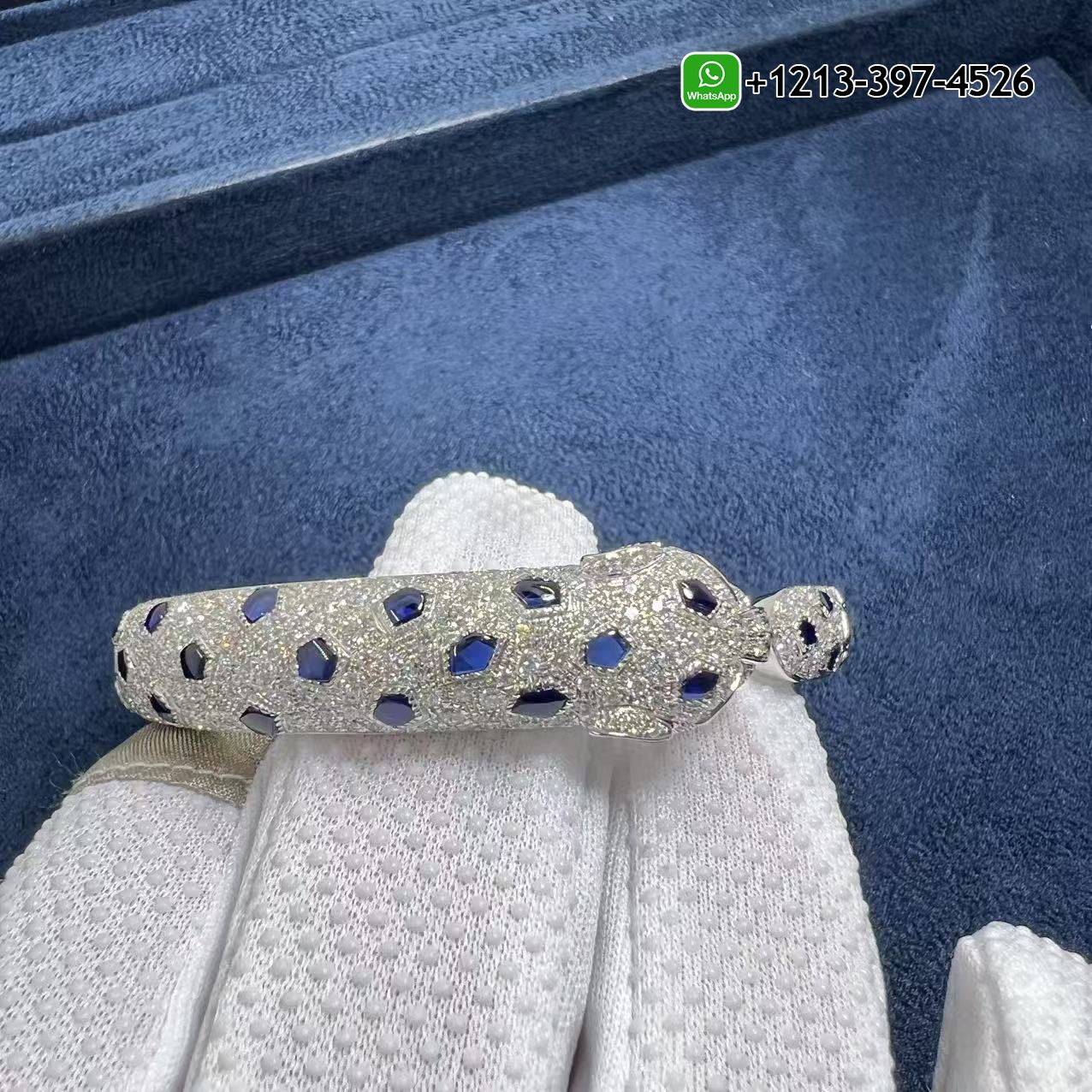 tblcrpbeexr Best Sellers 1:1 Quality Cheap Custom Made Cartier 18k White Gold Full Pave Diamonds Sapphires Emerald Onyx Panthere de Cartier Bracelet - High Quality 18k Gold and Diamond Luxury Distinctive Collection Designer Jewelry Customized Factory Price - Image 12