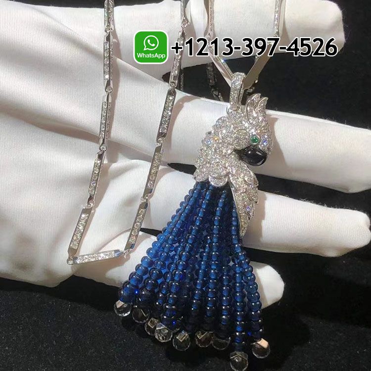 tmjlrpljrh3 Custom Made Best Sellers Quality 1:1 Cartier Les Oiseaux Libérés 18k White Gold 13.28ct Diamonds Blue Sapphire Parrot Tassels Pendant Necklace - High Quality 18k Gold and Diamond Luxury Distinctive Collection Designer Jewelry Customized Factory Price - Image 2