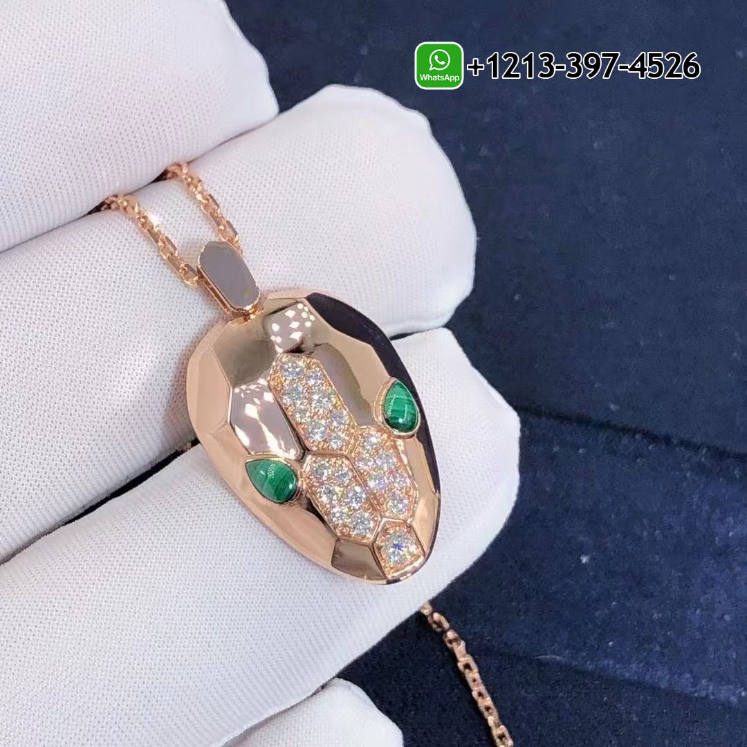 uusksfawmee Custom Made Best Sellers Quality 1:1 Bvlgari Serpenti necklace with 18 kt rose gold chain and pendant, set with malachite eyes and demi pavé diamonds - High Quality 18k Gold and Diamond Luxury Distinctive Collection Designer Jewelry Customized Factory Price - Image 2