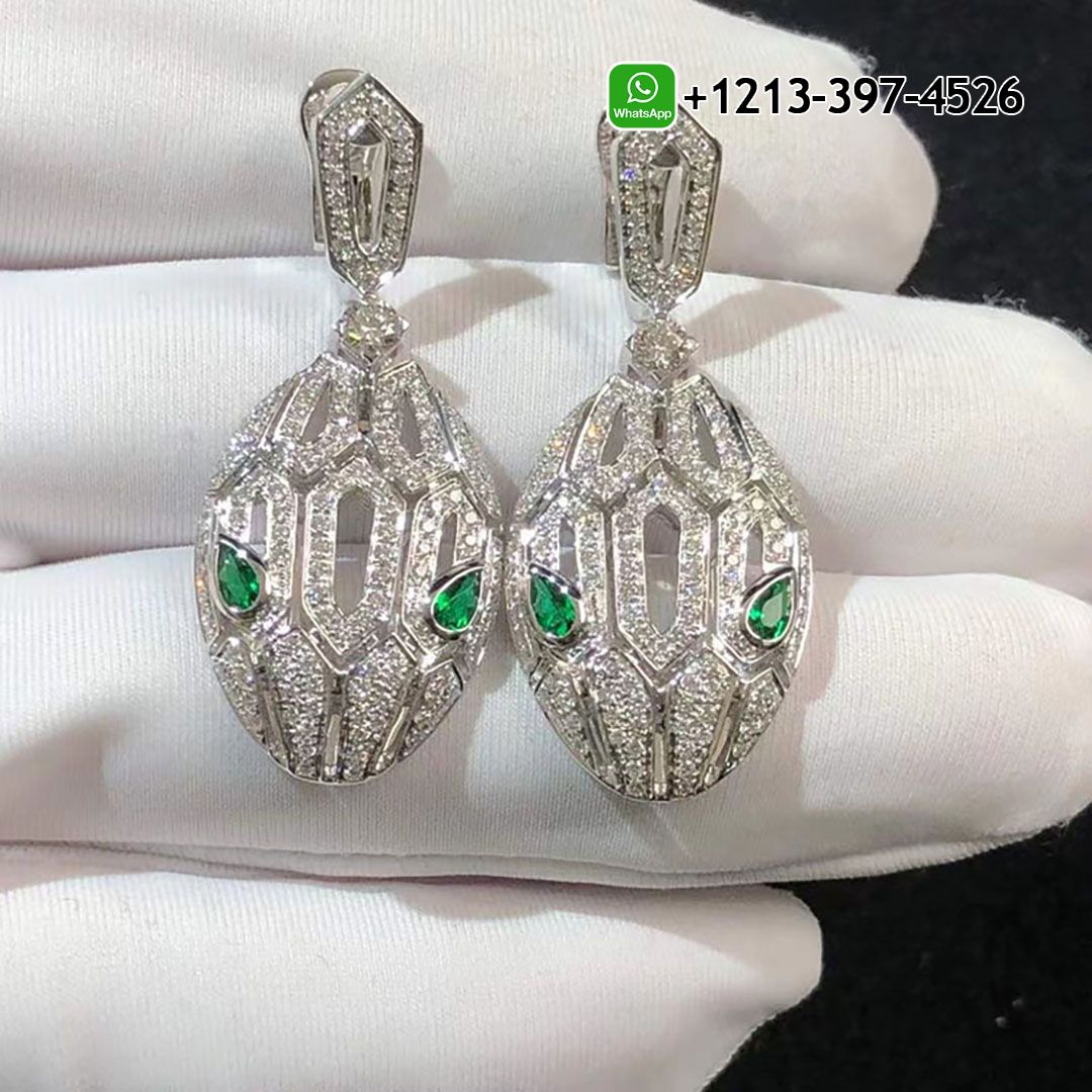 vcqwqba40wq Bvlgari Serpenti 18k White Gold Full Pavé Diamonds Emerald Eyes Earrings 352756 - High Quality 18k Gold and Diamond Luxury Distinctive Collection Designer Jewelry Customized Factory Price
