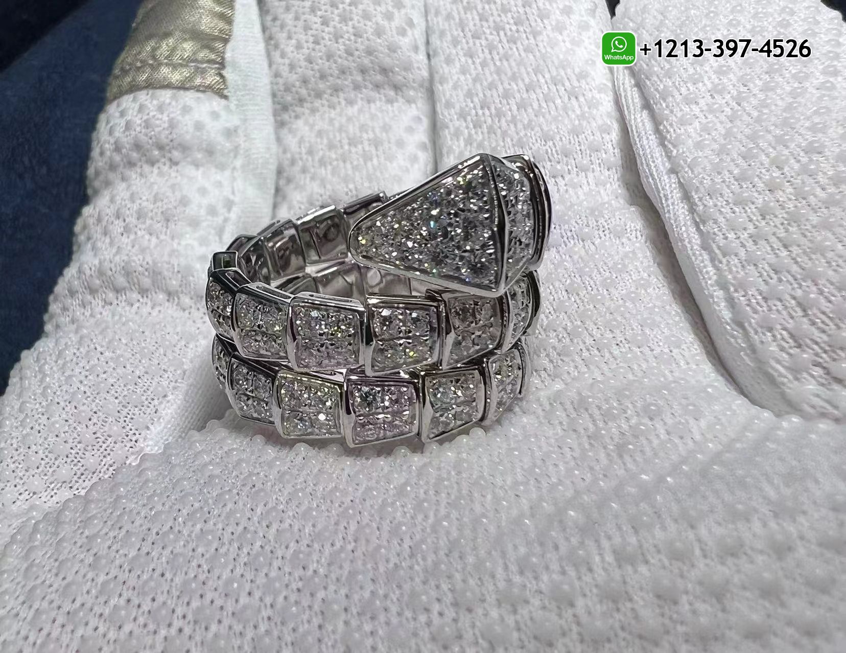 ve0abz4v1u4 Custom Made Best Quality 1:1 Copy Bvlgari Serpenti Viper Two-Coil 18K White Gold Full Diamond Paved Snake Ring - High Quality 18k Gold and Diamond Luxury Distinctive Collection Designer Jewelry Customized Factory Price - Image 7