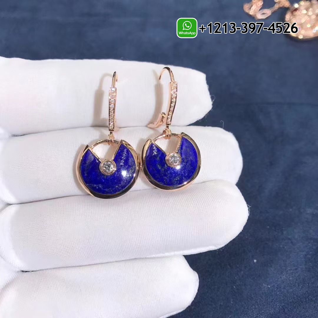 Custom Made Best Sellers Quality 1:1 Cartier Amulette Lapis Lazuli Diamond 18 Karat Rose Gold Dangle Earrings - High Quality 18k Gold and Diamond Luxury Distinctive Collection Designer Jewelry Customized Factory Price