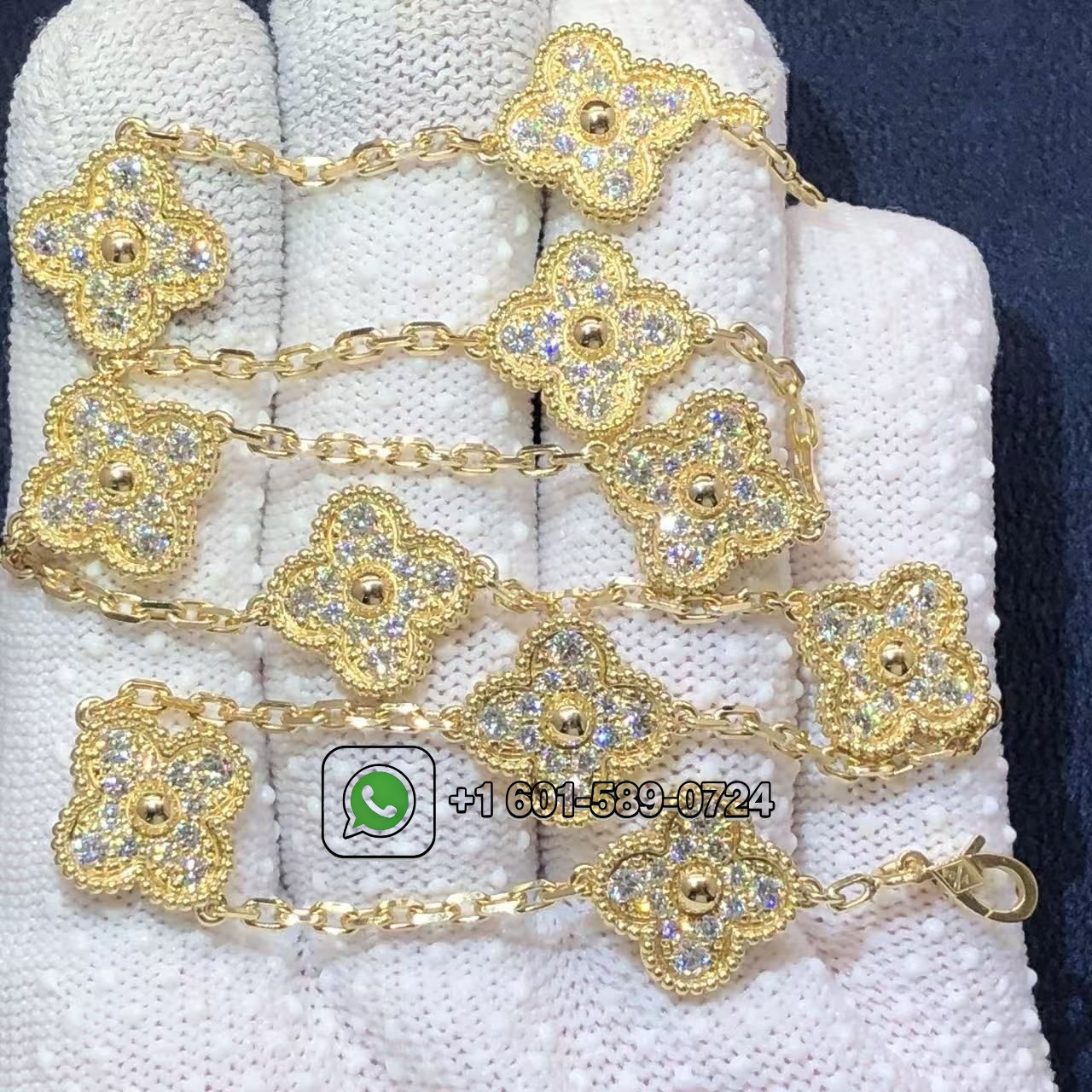 watermarked van cleef arpels vintage alhambra pave diamonds 10 motifs 18k yellow gold necklace vcara42300