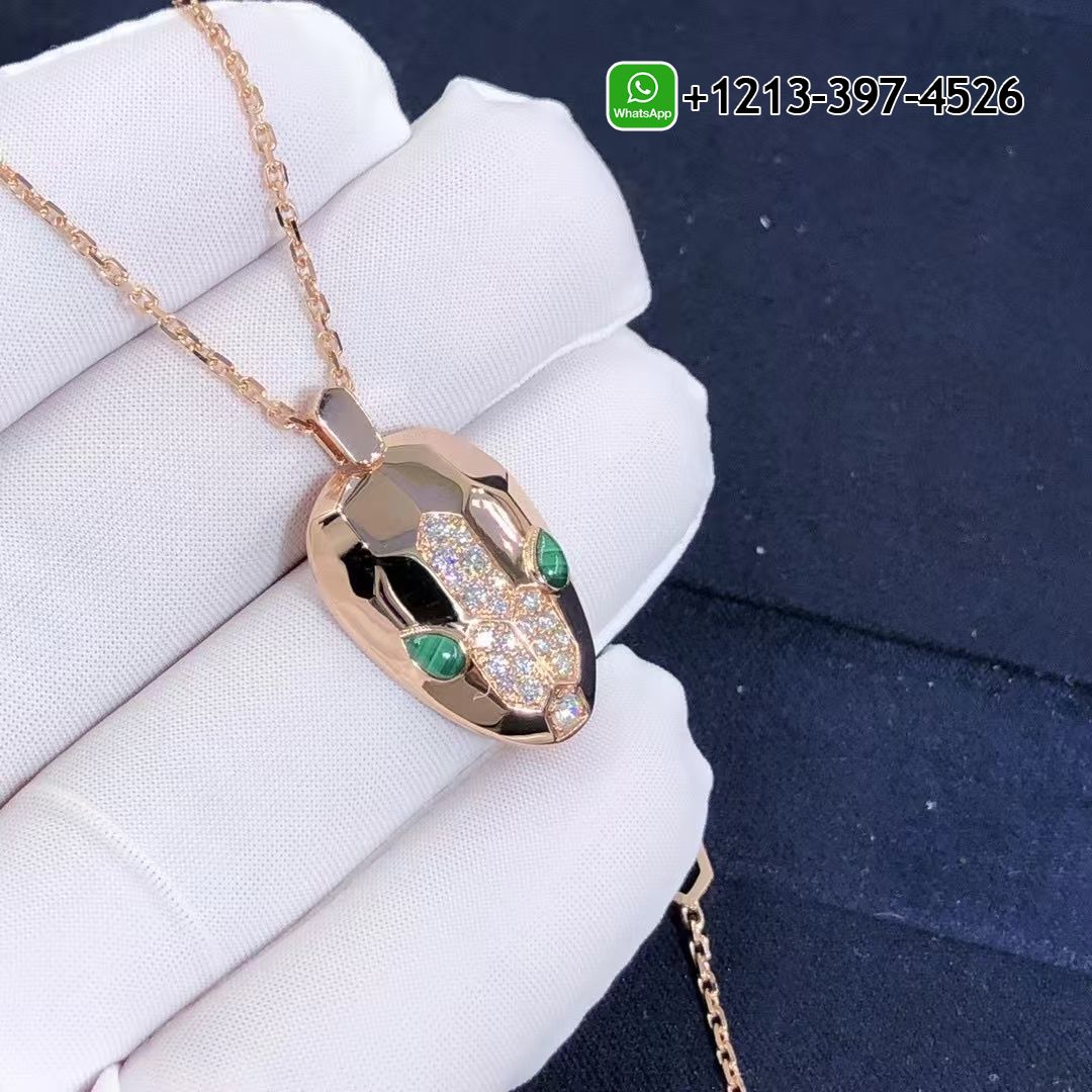 wnmag43nrwk Custom Made Best Sellers Quality 1:1 Bvlgari Serpenti necklace with 18 kt rose gold chain and pendant, set with malachite eyes and demi pavé diamonds - High Quality 18k Gold and Diamond Luxury Distinctive Collection Designer Jewelry Customized Factory Price - Image 3