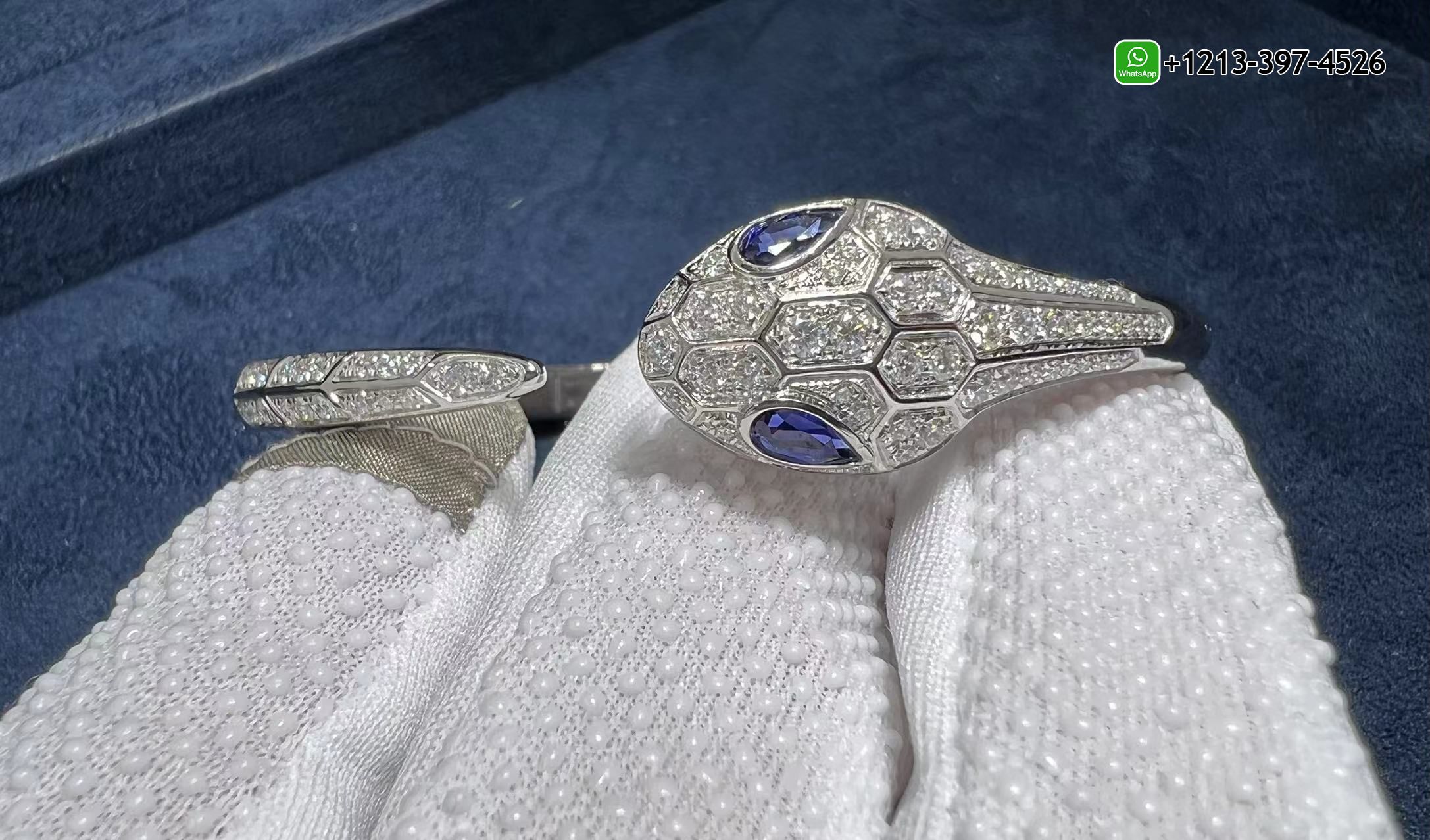 xige50xalld 1:1 Quality Custom Made Bvlgari 18k White Gold Set with Blue Sapphire Eyes and Pavé Diamonds Serpenti Bangle Bracelet - High Quality 18k Gold and Diamond Luxury Distinctive Collection Designer Jewelry Customized Factory Price - Image 12