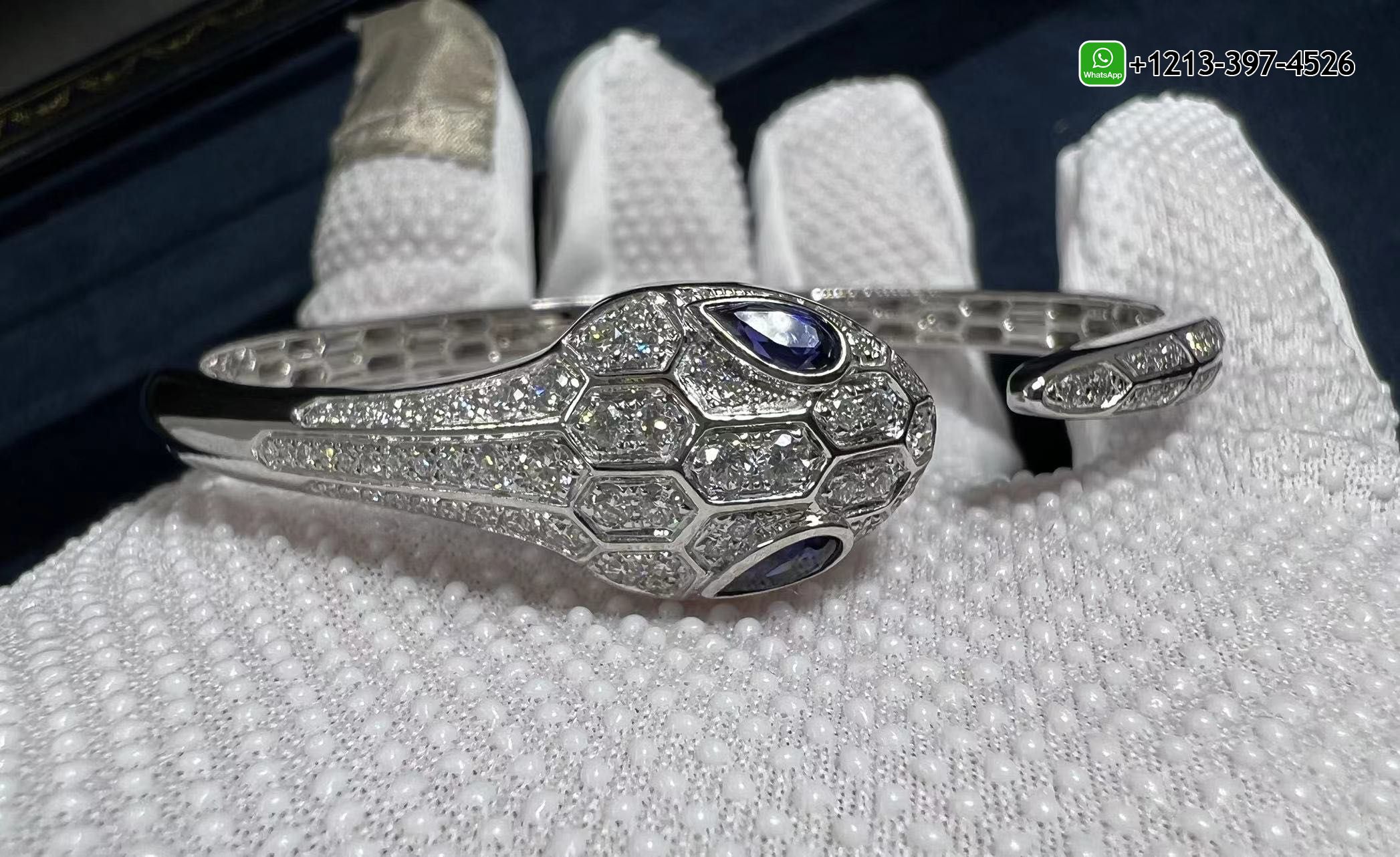 xwn2y0khpcq 1:1 Quality Custom Made Bvlgari 18k White Gold Set with Blue Sapphire Eyes and Pavé Diamonds Serpenti Bangle Bracelet - High Quality 18k Gold and Diamond Luxury Distinctive Collection Designer Jewelry Customized Factory Price - Image 3