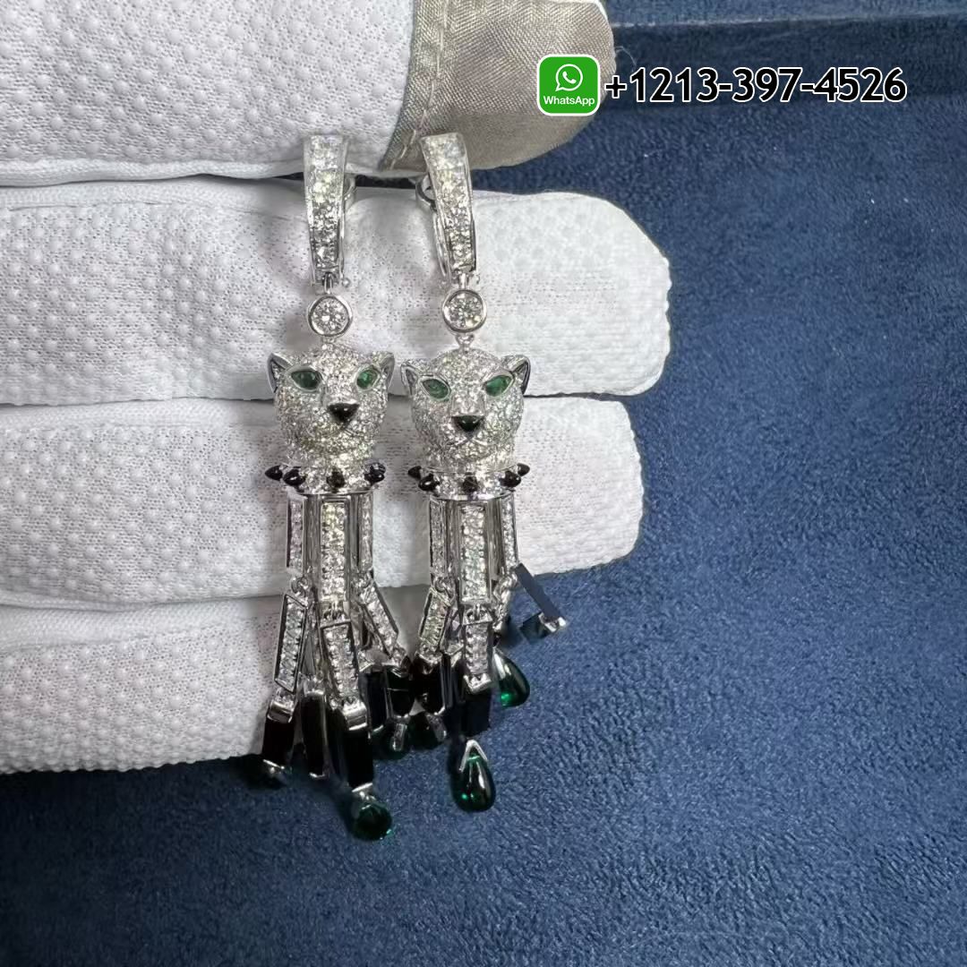 zfdtaqkjved Best Sellers 1:1 Quality Cheap Custom Made Panthere de Cartier 18k White Gold Pave Diamond Onyx Emeralds Tassels Earrings - High Quality 18k Gold and Diamond Luxury Distinctive Collection Designer Jewelry Customized Factory Price - Image 2
