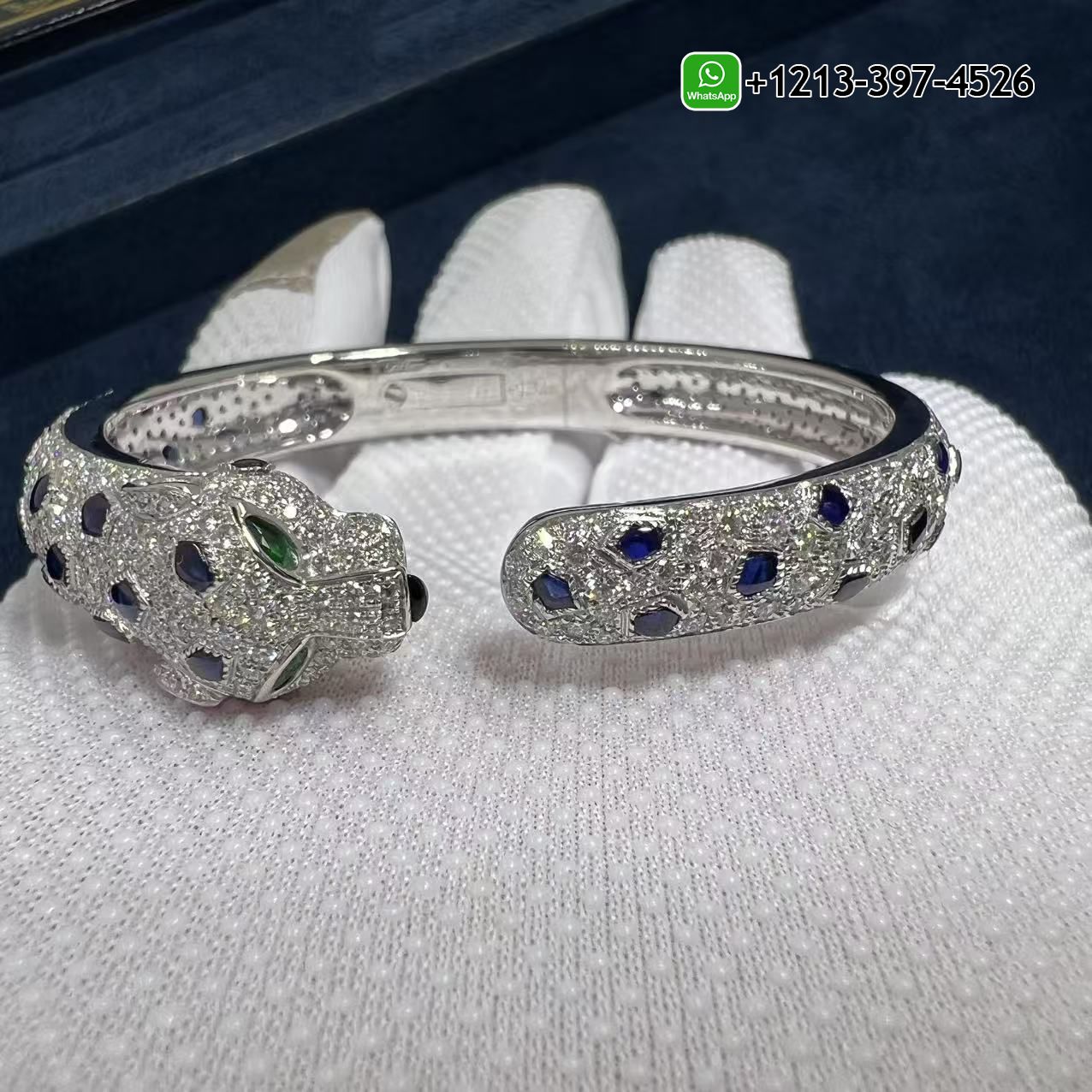 zfe1aopvbgo Best Sellers 1:1 Quality Cheap Custom Made Cartier 18k White Gold Full Pave Diamonds Sapphires Emerald Onyx Panthere de Cartier Bracelet - High Quality 18k Gold and Diamond Luxury Distinctive Collection Designer Jewelry Customized Factory Price - Image 9